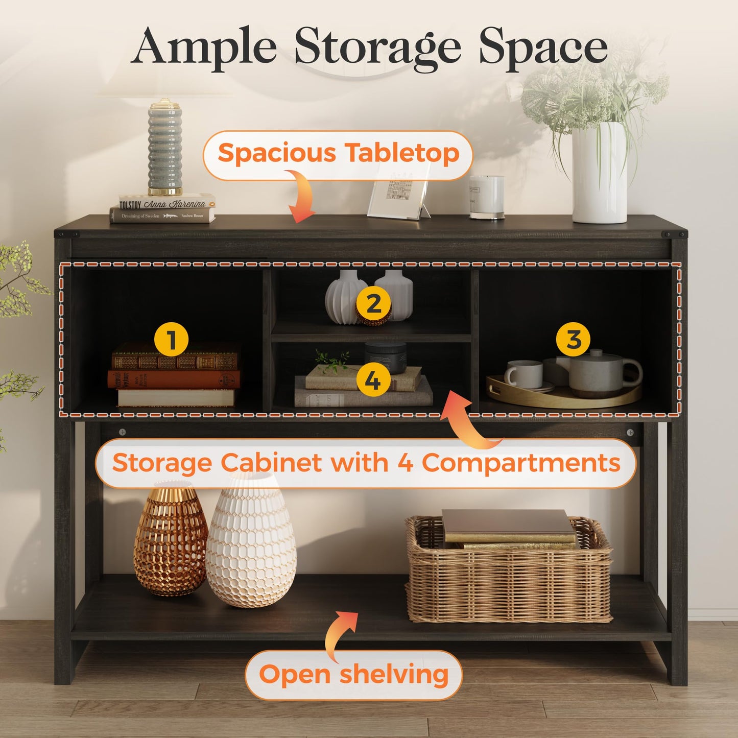 RoyalCraft Console Table with Storage Shelf & Sliding Barn Door, Farmhouse Entryway Table with Storage, 46" Narrow Long Sofa Table, Behind Couch Table, Console Tables for Living Room, Entryway, Foyer