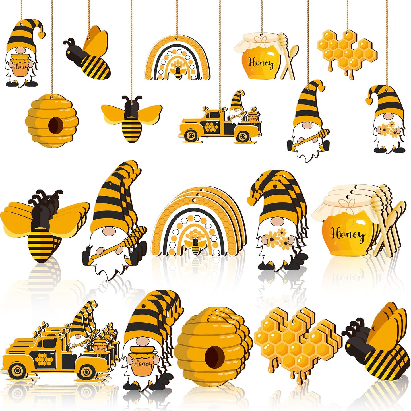 Karenhi 30 Pcs Bee Ornaments Bee Christmas Tree Decorations Spring Summer Wooden Hanging Ornament Honeybee Bumble Gnome with Rope for Small Trees Baby Shower Birthday Themed Party Favors Supplies