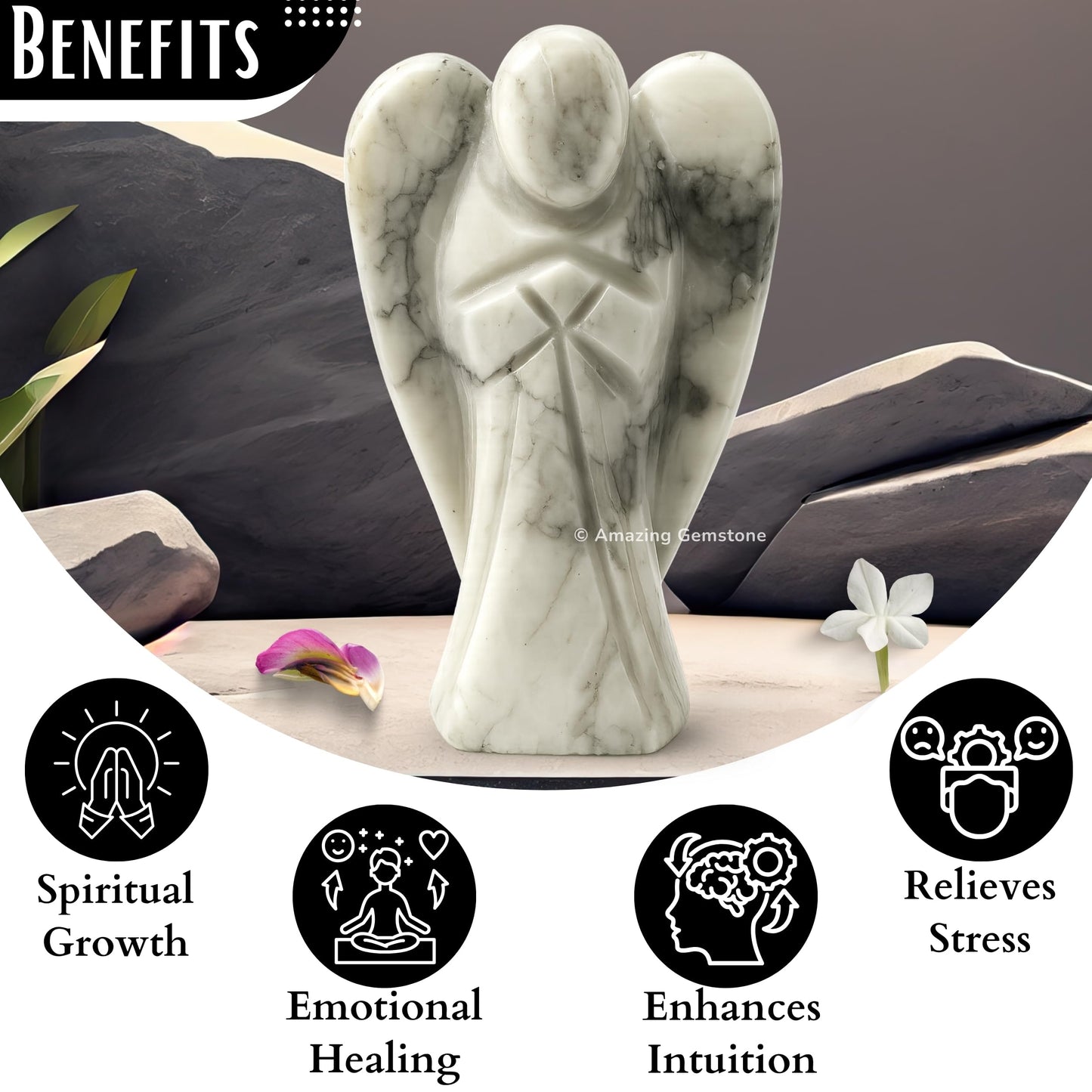 Amazing Gemstone Howlite Angel - Howlite Crystal Angel and Pocket Guardian Angel Crystal Figurines (1.5 inches)