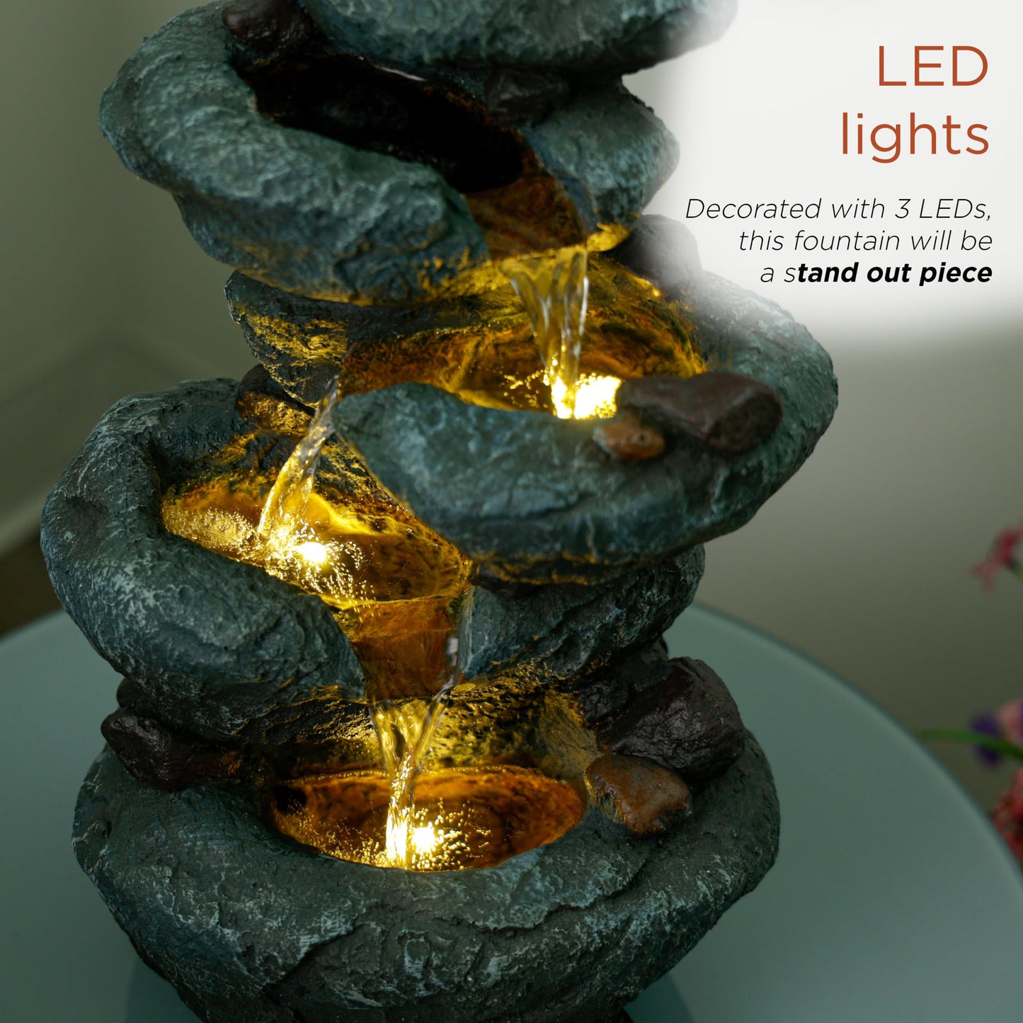 Alpine Corporation TZL418 14" 3 Tier Rock Fountain with LED Lights, Elegant Cascading Water Feature for Tabletop, Indoor Decor, Relaxing Stone Waterfall for Home & Office, Gray