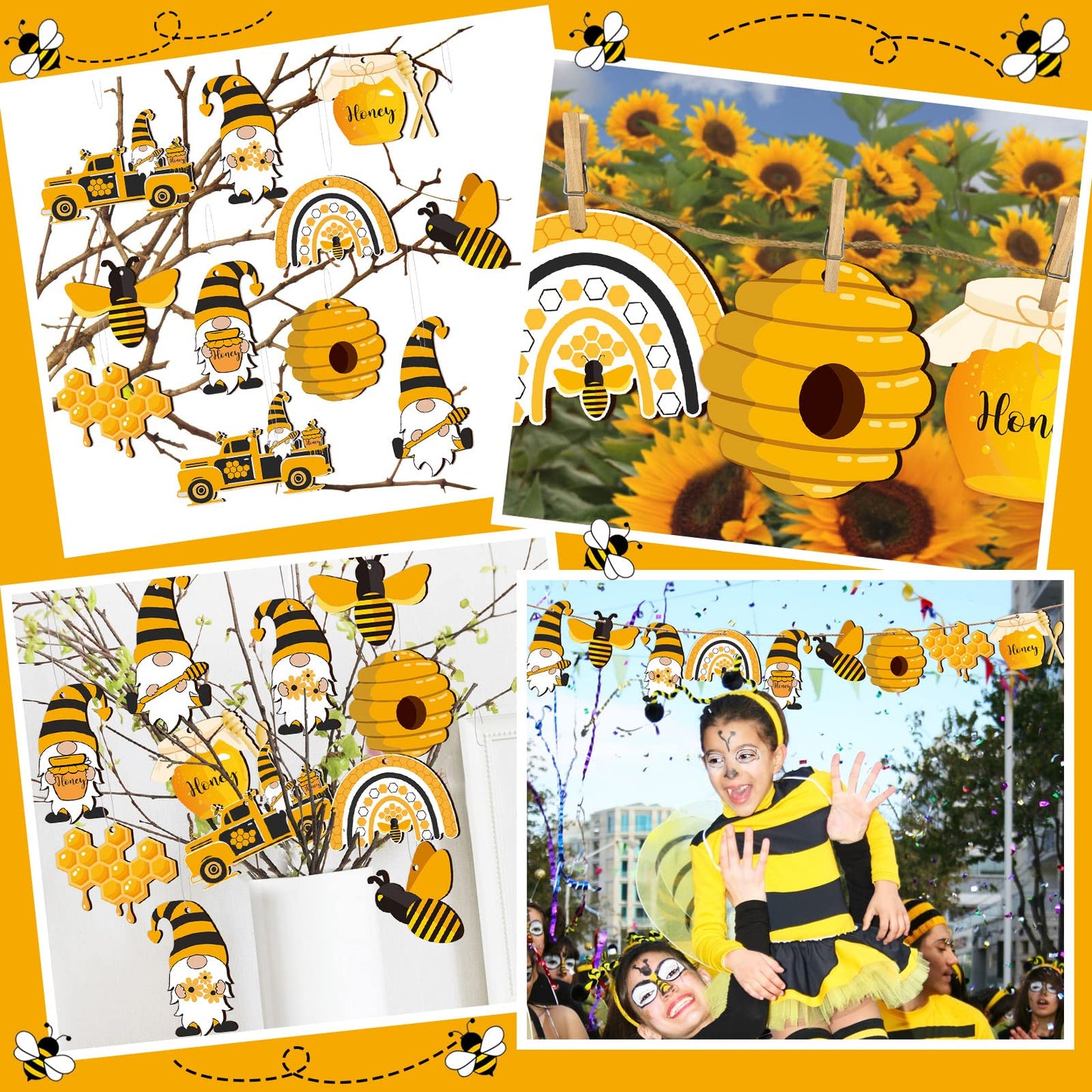 Karenhi 30 Pcs Bee Ornaments Bee Christmas Tree Decorations Spring Summer Wooden Hanging Ornament Honeybee Bumble Gnome with Rope for Small Trees Baby Shower Birthday Themed Party Favors Supplies