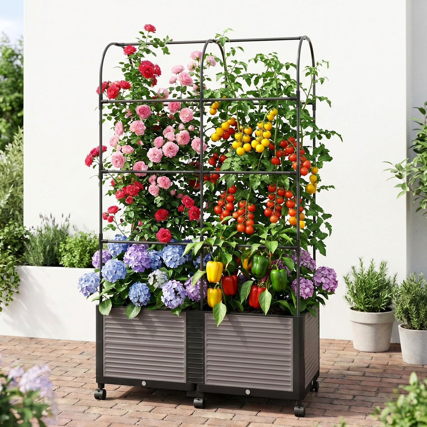 UrGROWA Raised Garden Bed Planter Box with Trellis, 73''H Tomato Planters for Climbing Plants Vegetable Vine Flowers Outdoor Patio Tomato Cage, Self Watering Planter with Wheels