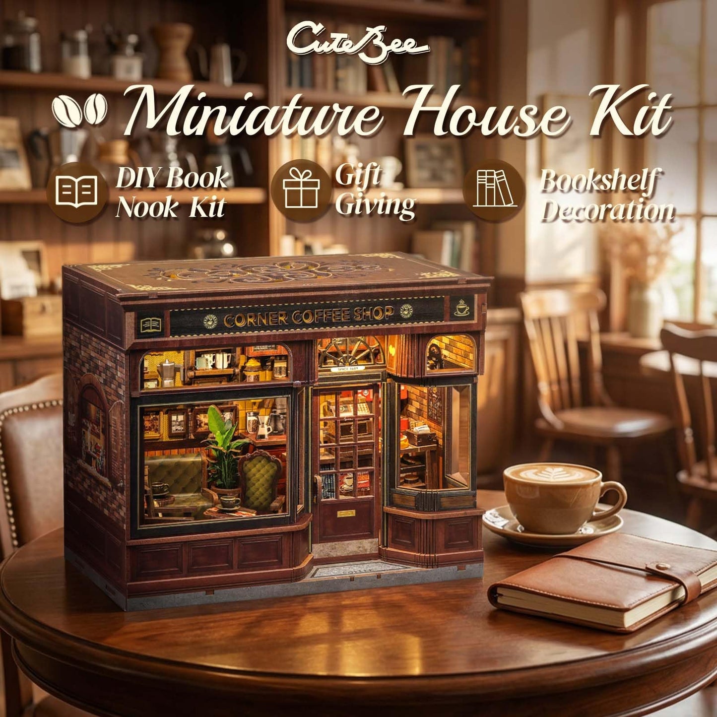 CUTEBEE Book Nook Kit - DIY Miniature House Coffee Shop Dollhouse Kit for Adults, Booknook Tiny House Bookshelf Decor 3D Wooden Puzzle, Gifts for Family, Friends (Corner Coffee Shop)