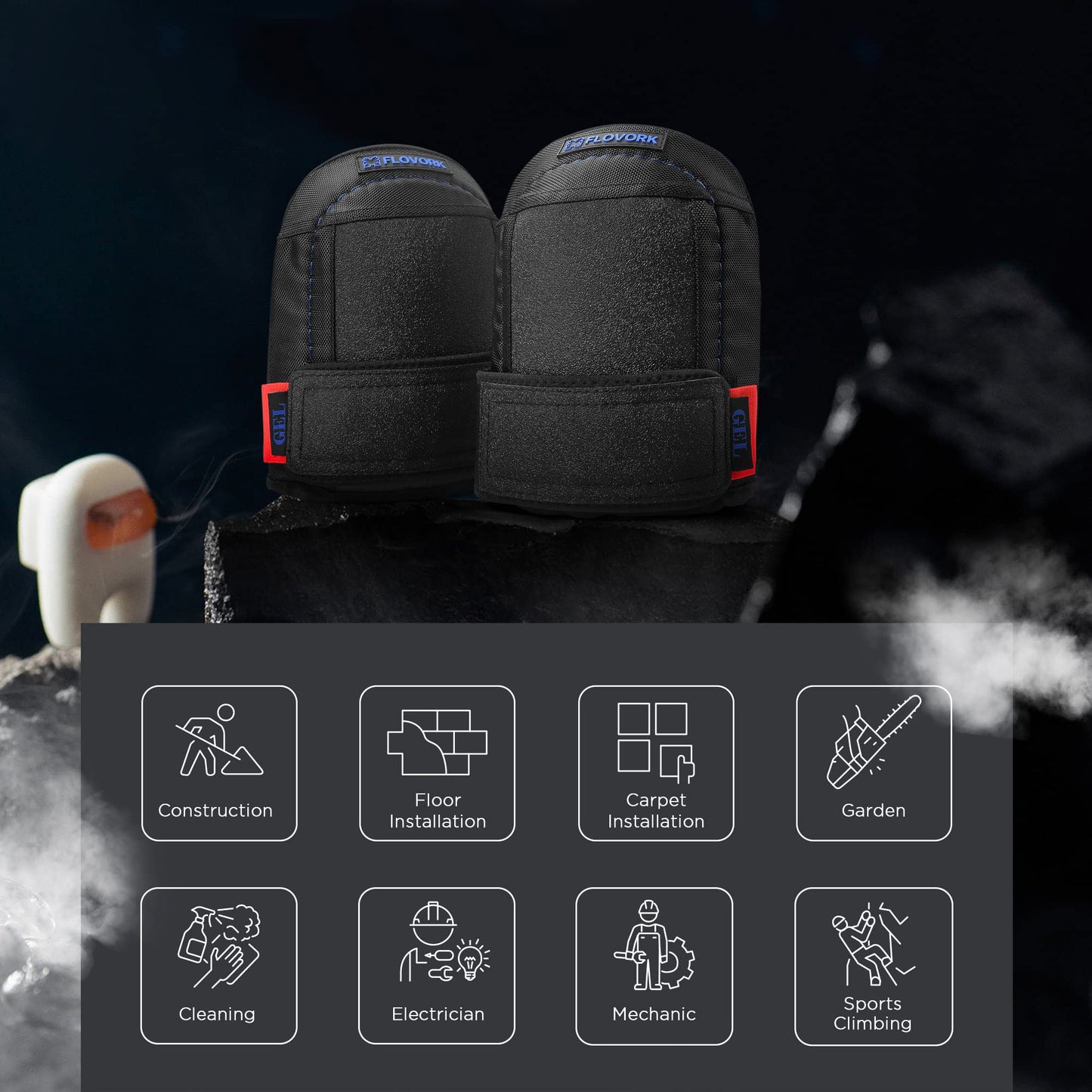 FLOVORK Knee Pads for Flooring Roofing Gardening Concrete with Soft GEL Padding,Machine Washable,PU Leather, Black Large
