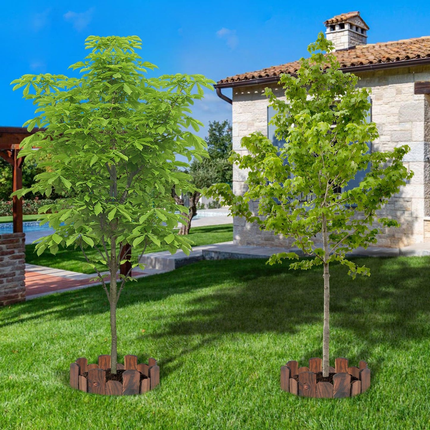 Wooden Garden Edging - 2 Pcs 5.9''x41.3'' Sturdy Pine Landscape Border, Flexible Decorative Fence for Outdoor Yard Lawn Flower Bed Pathway Tree