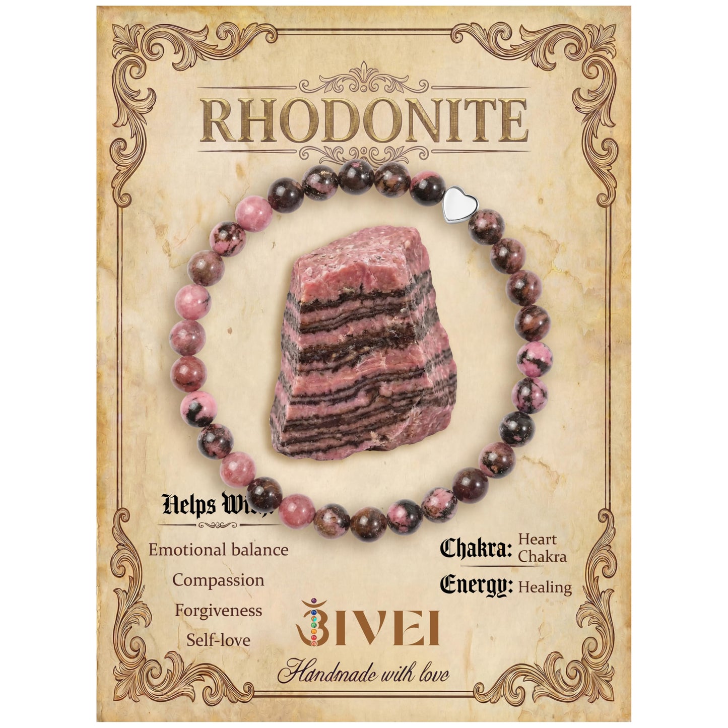 Bivei 6mm Rhodonite Crystal Stretch Bracelets for Women, Handmade Natural Stone Beaded Bracelet, Yoga Protection Jewelry Gift