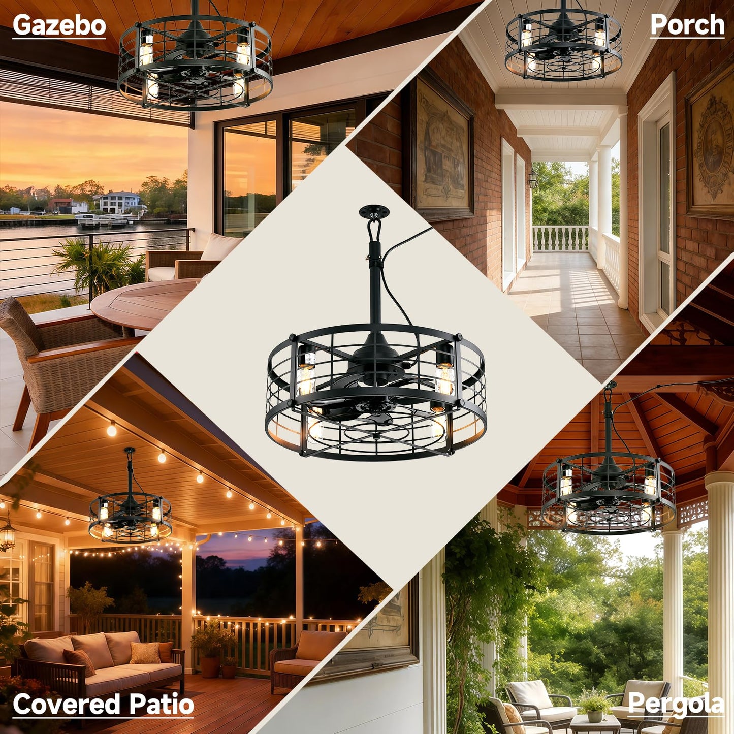 AHAWILL 20" Gazebo Fan, Outdoor Hanging Fan with Llight,6-Speed and Reversible,Plug in Ceiling Fan with Remote&APP,Cage Ceiling Fan with Light for Farmhouse,Gazebo,Patio,Warehouse