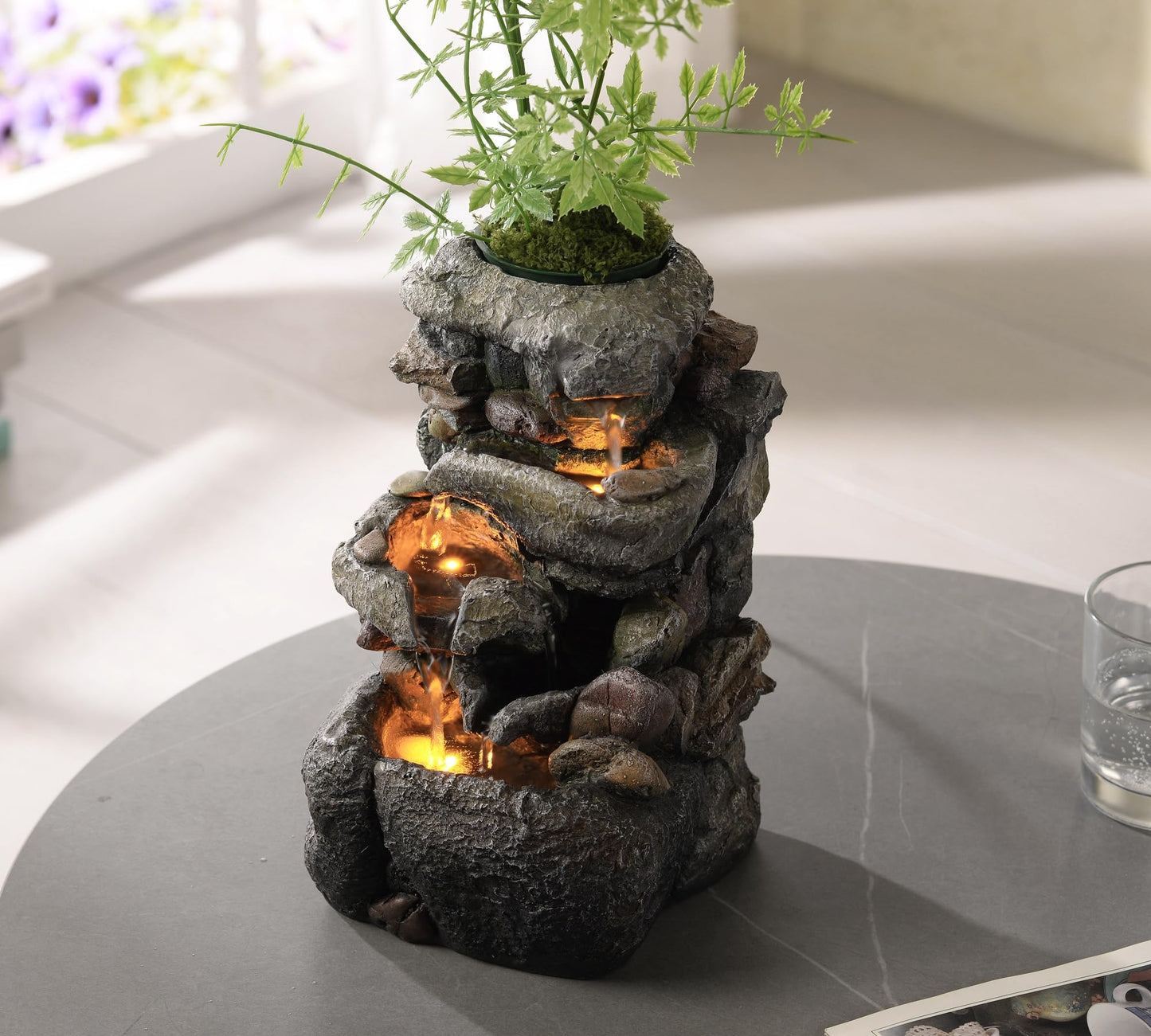 Tolevoit Tabletop Water Fountain with LED Lighting for Indoor Decor and Ambiance Relaxation Soothing Sound Waterfall Indoor Zen Relaxation for Office Home Decorations Growing Plants by Yourself