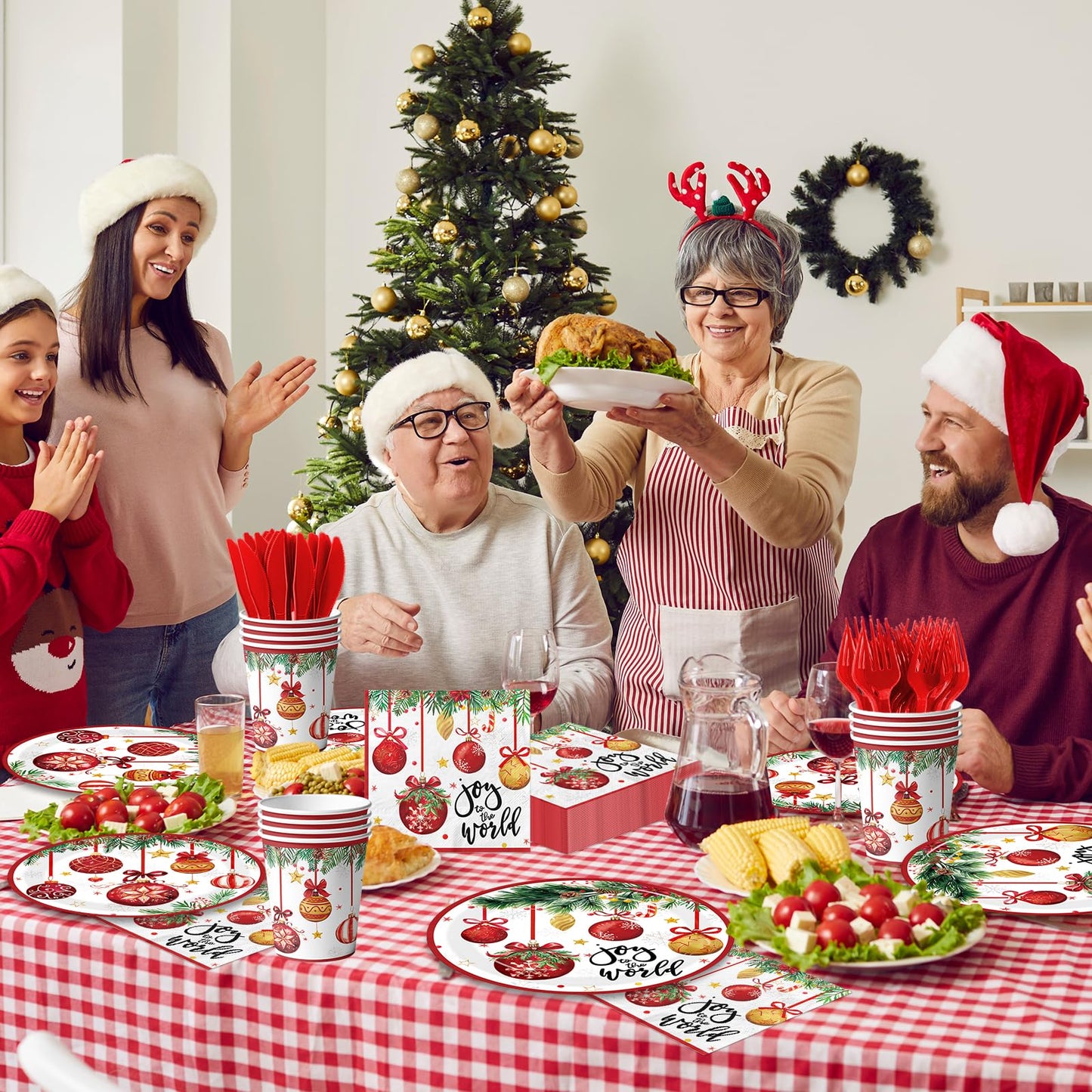 Joy To The World Christmas Tableware, 144Pcs Joy To The World Christmas Decorations includes Xmas Plates and Ball Napkins, Happy Holiday Plates and Napkins for Xmas Holiday Party