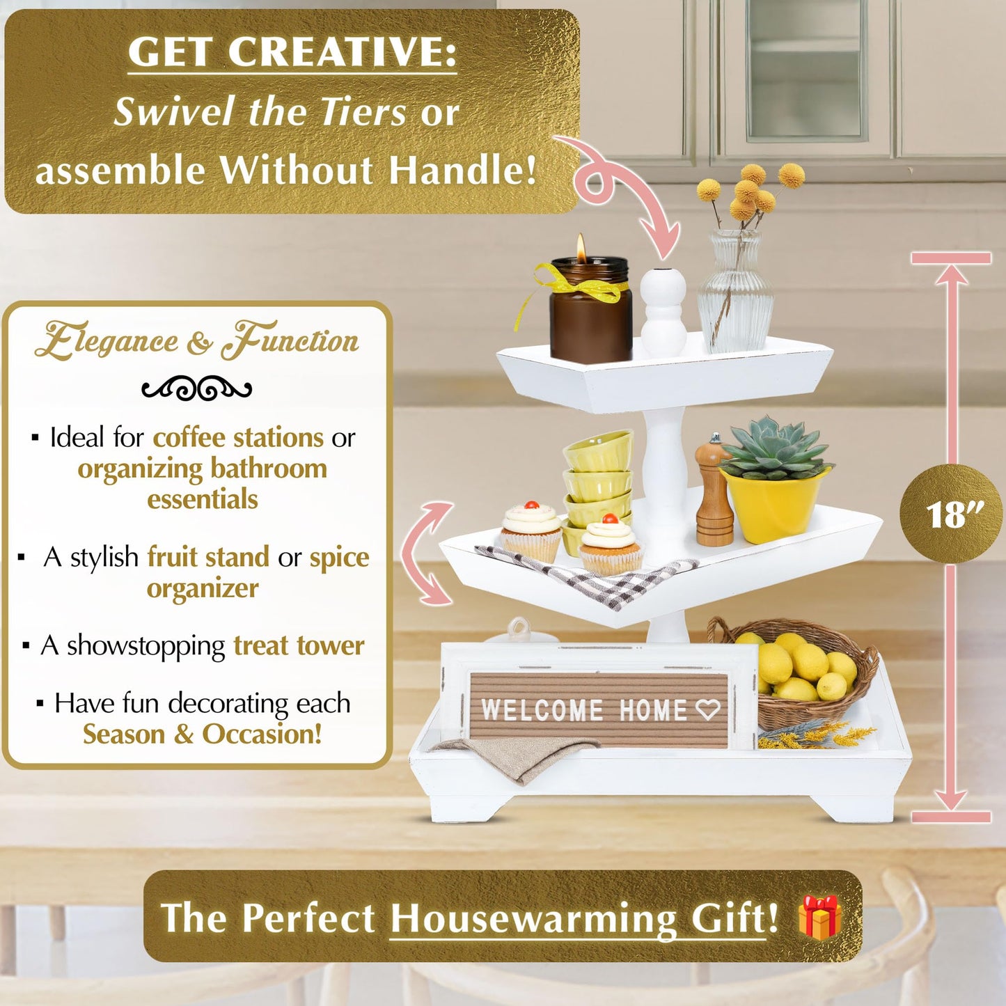 [3 in 1] 3 Tier Serving Tray - Gorgeous Coffee Table Tray (Includes 3 Handles) - Can Assemble into a 1, 2 or 3 Tier Serving Stands - Rectangle Wooden Kitchen Table Centerpiece Felt Creative Home Goods