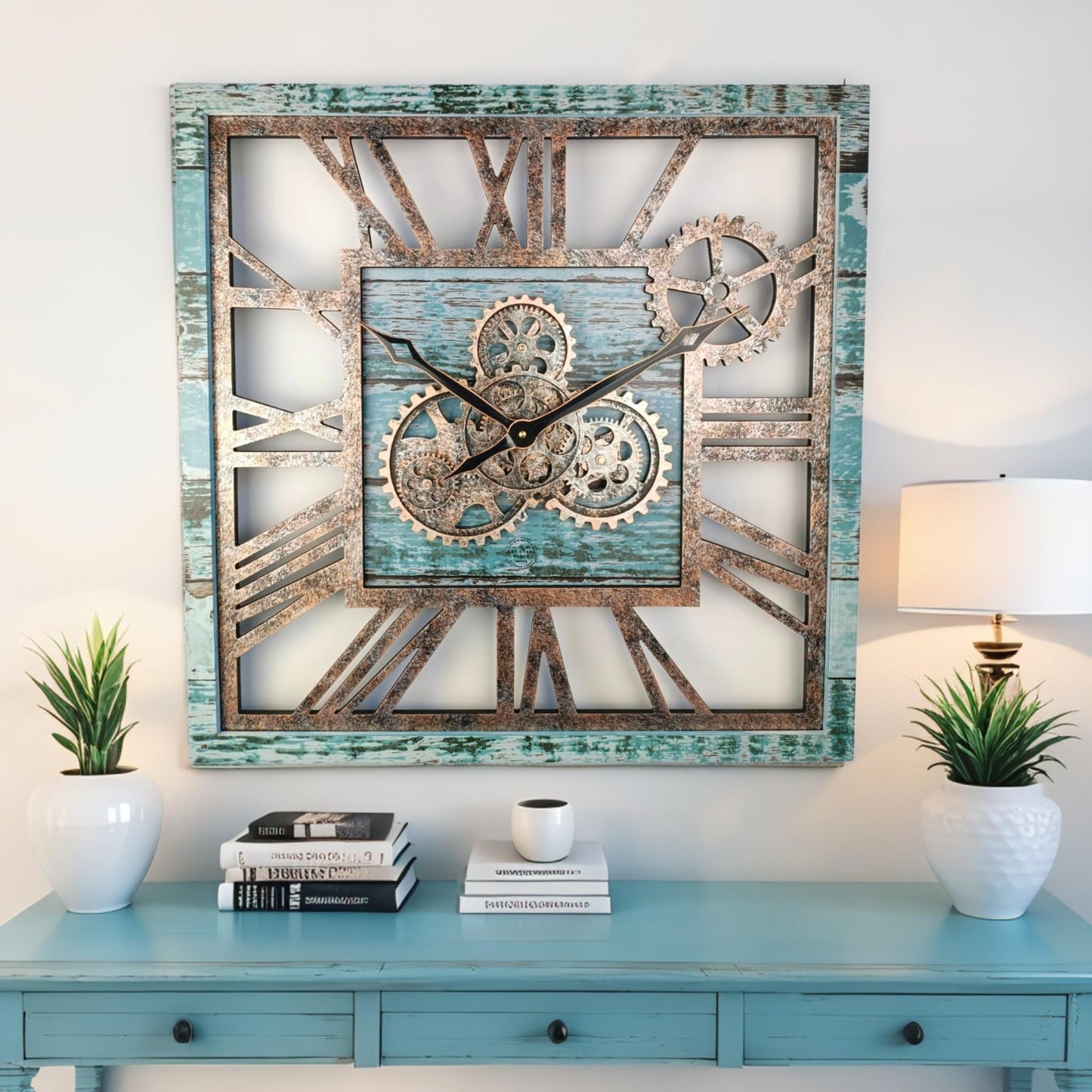 ImprovingLife The Gears Clock 24'' Inch Square Real Moving Gear Wall Clock Vintage Industrial Oversized Rustic Farmhouse (Aqua Green)