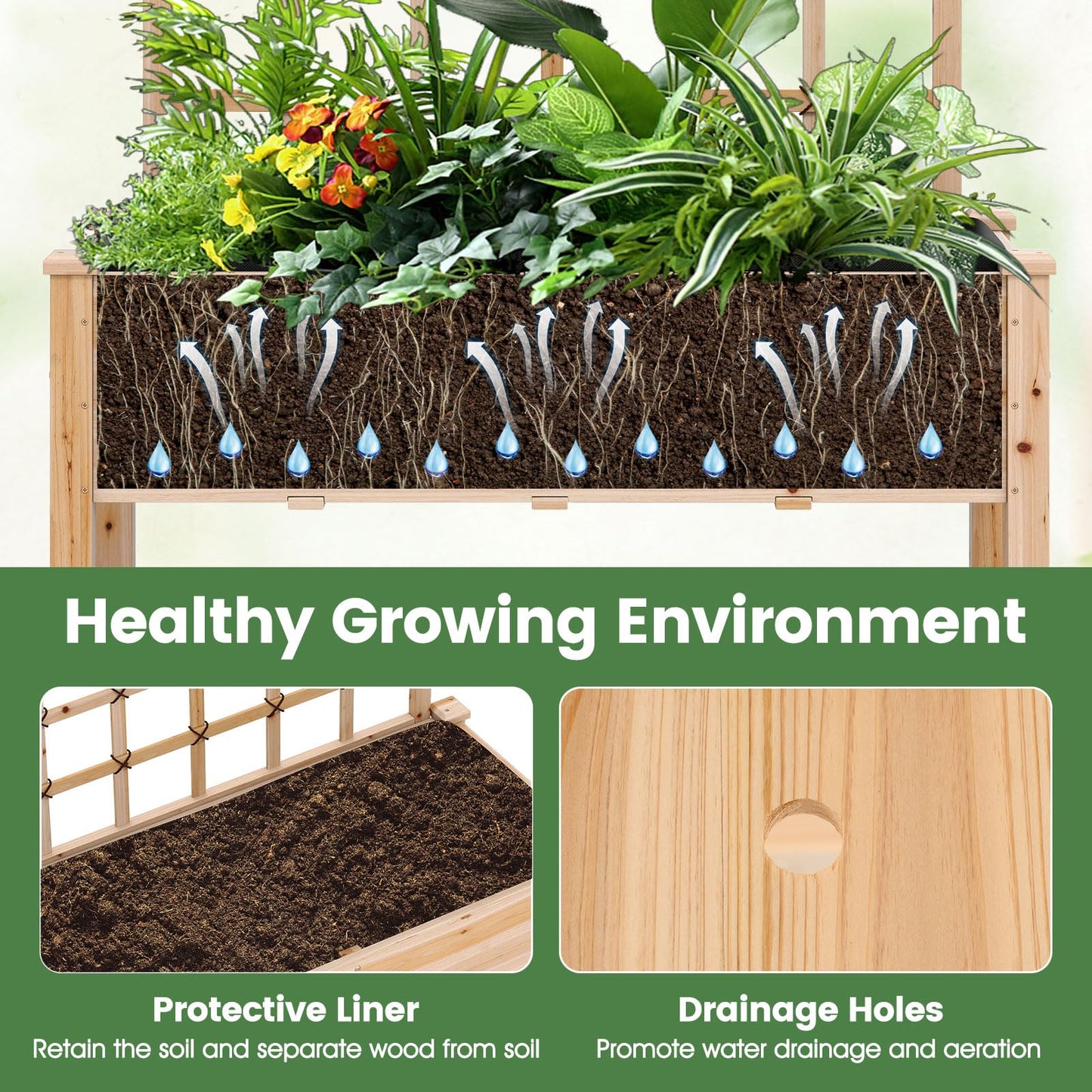 COSTWAY Wooden Raised Garden Bed with Trellis, Mobile Elevated Planter on Wheels, 285 lbs Capacity with Liner & Drainage Holes, Freestanding Outdoor Box for Climbing Plants, Vegetables, & Herbs