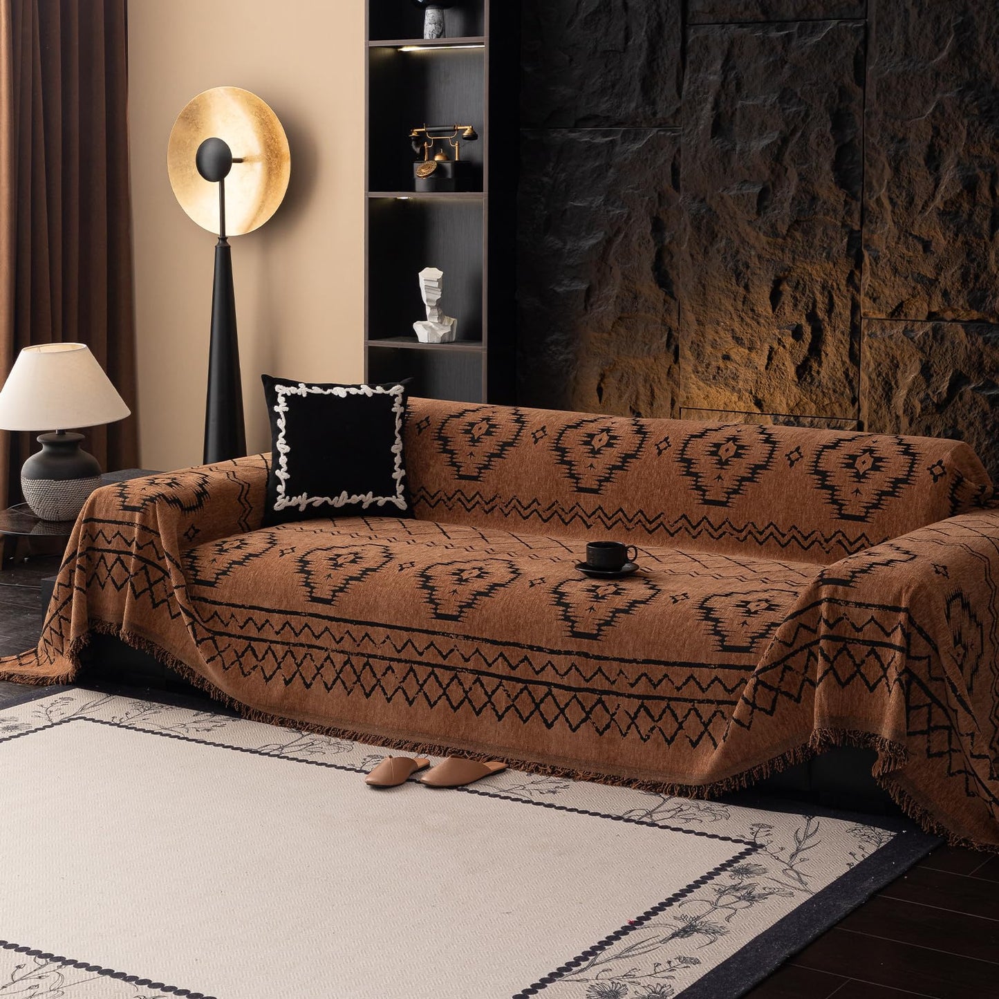 VClife Bohemian Sofa Covers Chenille Couch Cover for Sectional Couch, Soft Non Slip Couch Covers for 2 Cushion Sofa Breathable Sofa Furniture Protector Slip Cover for Couch, Pumpkin, 71"X118"