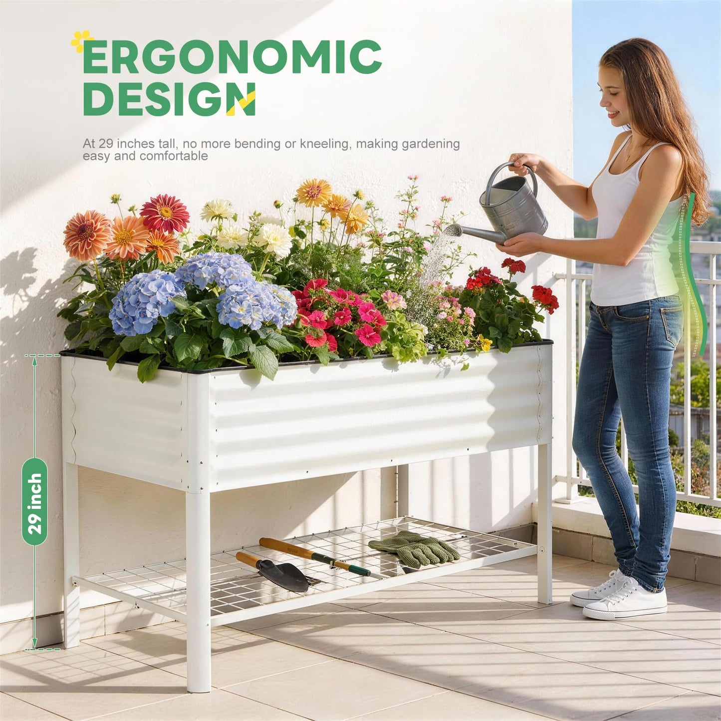 STBoo Elevated Raised Garden Bed with Legs - 48''x24''x32'' Galvanized Metal Standing Planter Boxes Outdoor with Bottom Storage Shelf for Backyard, Patio, Balcony, Vegetables, Flowers, White