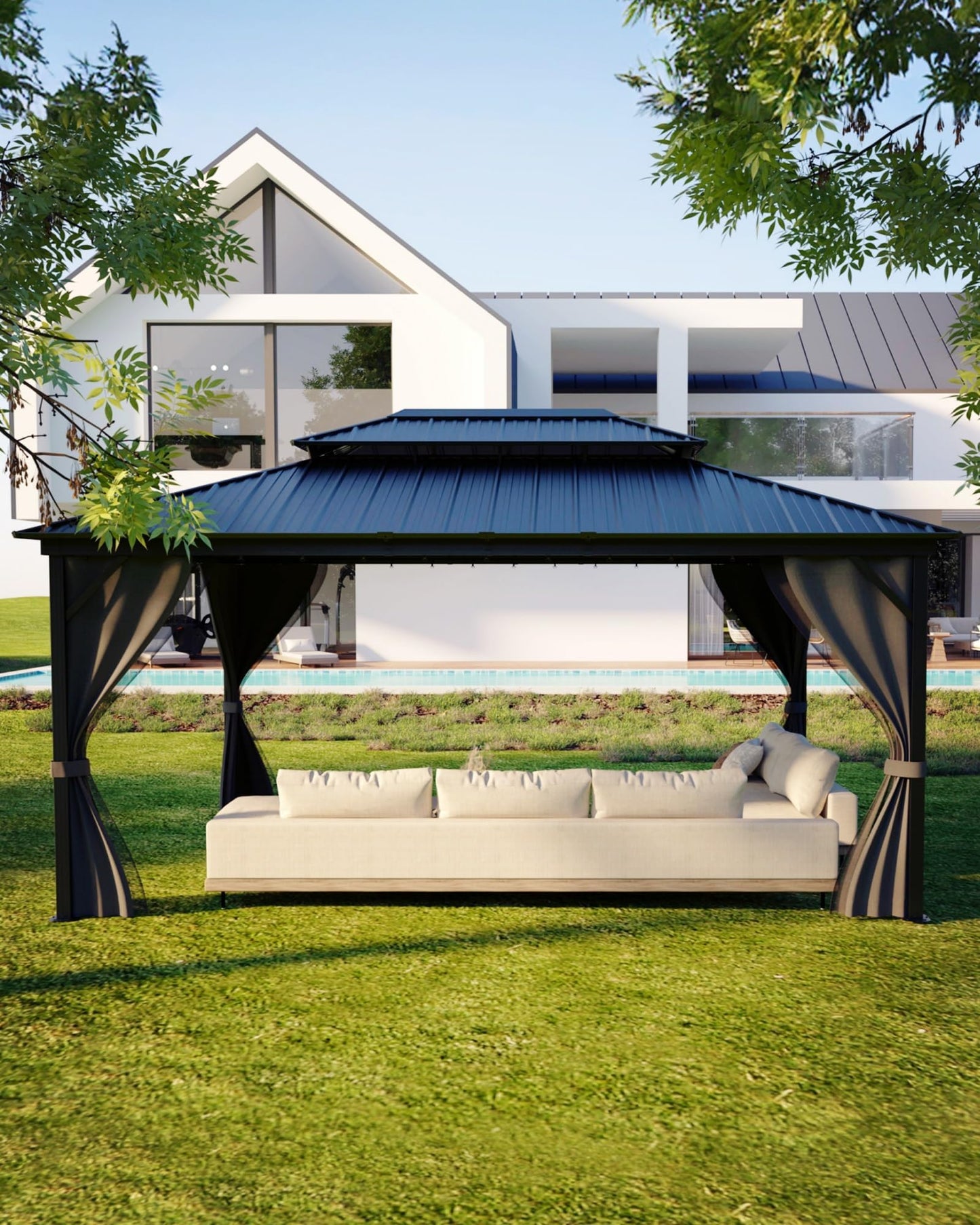 12Ft x 16Ft Hardtop Gazebo, Aluminum Metal Outdoor Gazebo with Breathable Netting and Curtains, Double Metal Roof, Galvanized Steel Heavy Duty Gazebos for Backyard, Wedding, Party