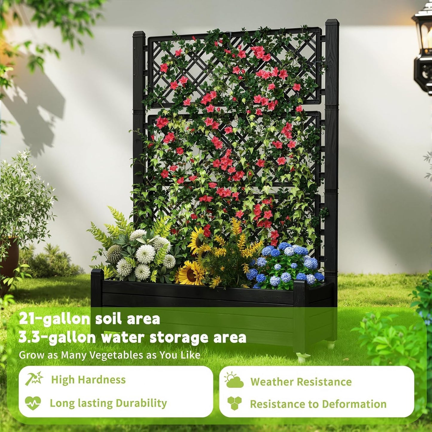 EasyUp Rolling Garden Planter Box with Trellis & Lockable Casters, Outdoor Raised Bed with Drainage & Water Gauge, Durable Resin for Patio, Balcony, Yard, Dust-Proof (Black, 43.43 * 18.27 * 64.29)