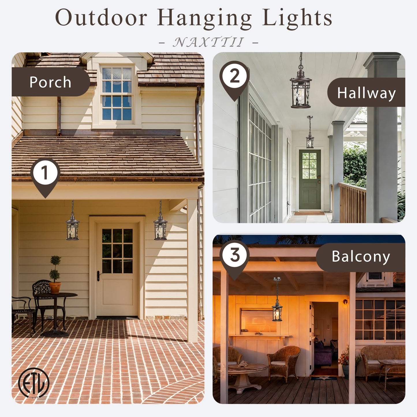 NAXTTII Outdoor Hanging Lantern Light Dusk to Dawn Hanging Porch Light Anti-Rust Aluminum Outdoor Chandelier for Front Door Gazebo E26 Socket Oil Rubbed Bronze Finish