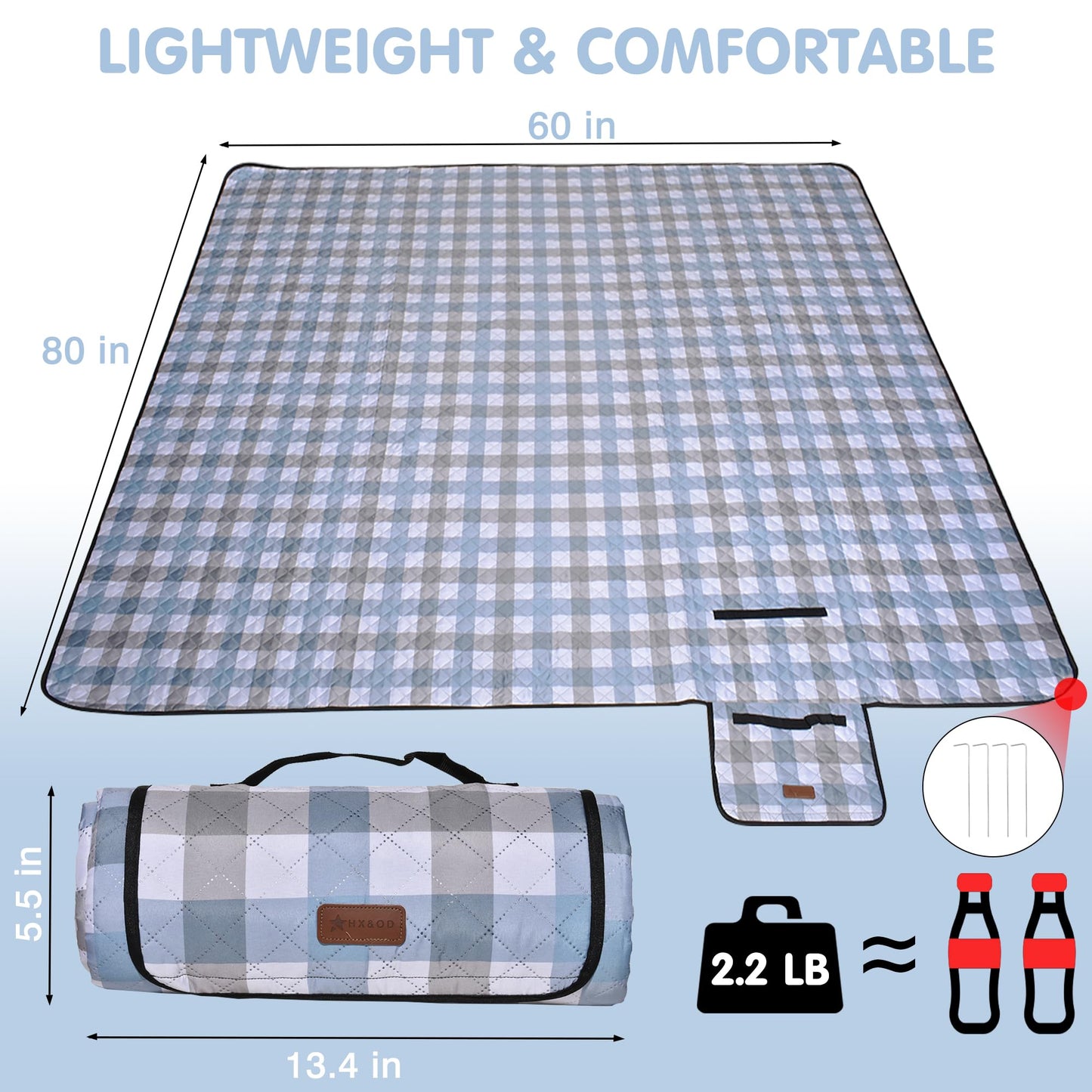 HX&OD Outdoor Picnic Blanket, Extra Large, 80''x60'' Waterproof Foldable Blankets Gingham Picnic Mat for Beach, Camping Grass Lawn Park Accessories Cute Couple Ideas Wedding (Coffee Color, 80”x60”)