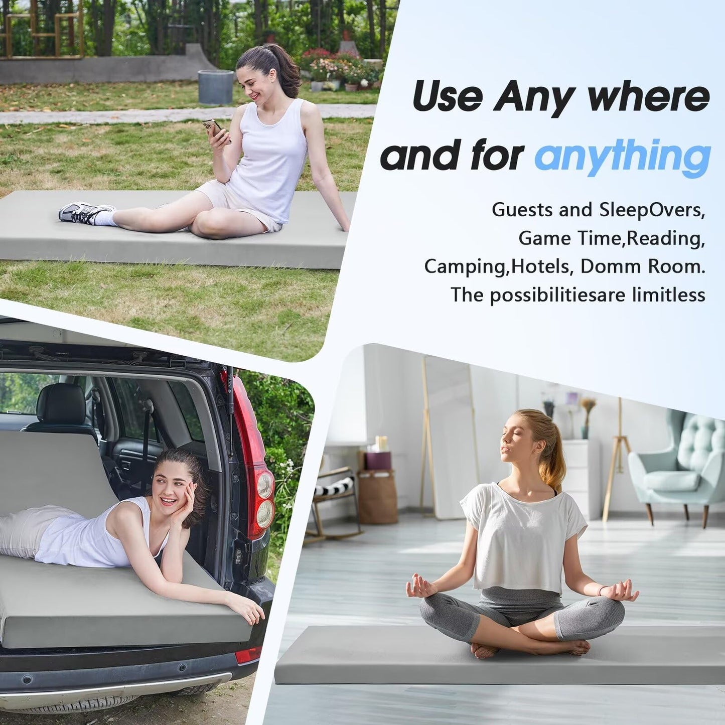 CYMULA Memory Foam Camping Mattress Pad,3 in Sleeping Pad for Camping,Non-Slip Bottom Floor Bed Floor Mattress for Adults,Portable Roll up Mattress Sleeping Mat for Car Travel,Guest Bed (Cot 72 * 24)
