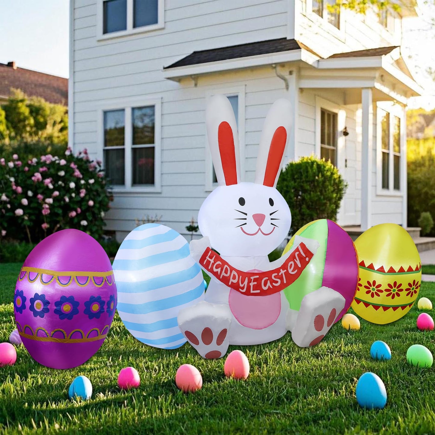 DR.DUDU Easter Inflatables Outdoor Decorations, 7 FT Long Easter Bunny with Eggs, Happy Easter Decorations, Easter Blow up Yard Decorations for Garden Lawn Holiday Party