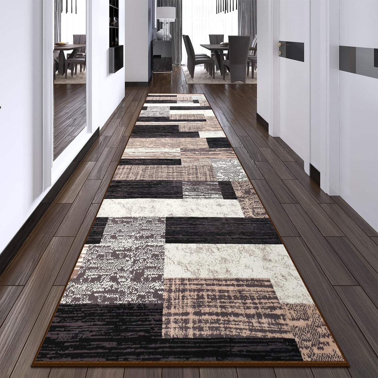 Indoor Runner Rug, Washable Runner Rug with Rubber Backing, Modern Geometric Patchwork Aesthetic Carpet for Bedroom, Living Room, Hallway, Entryway,Washable Rugs Rockwood Collection,2.7x10Ft Chocolate