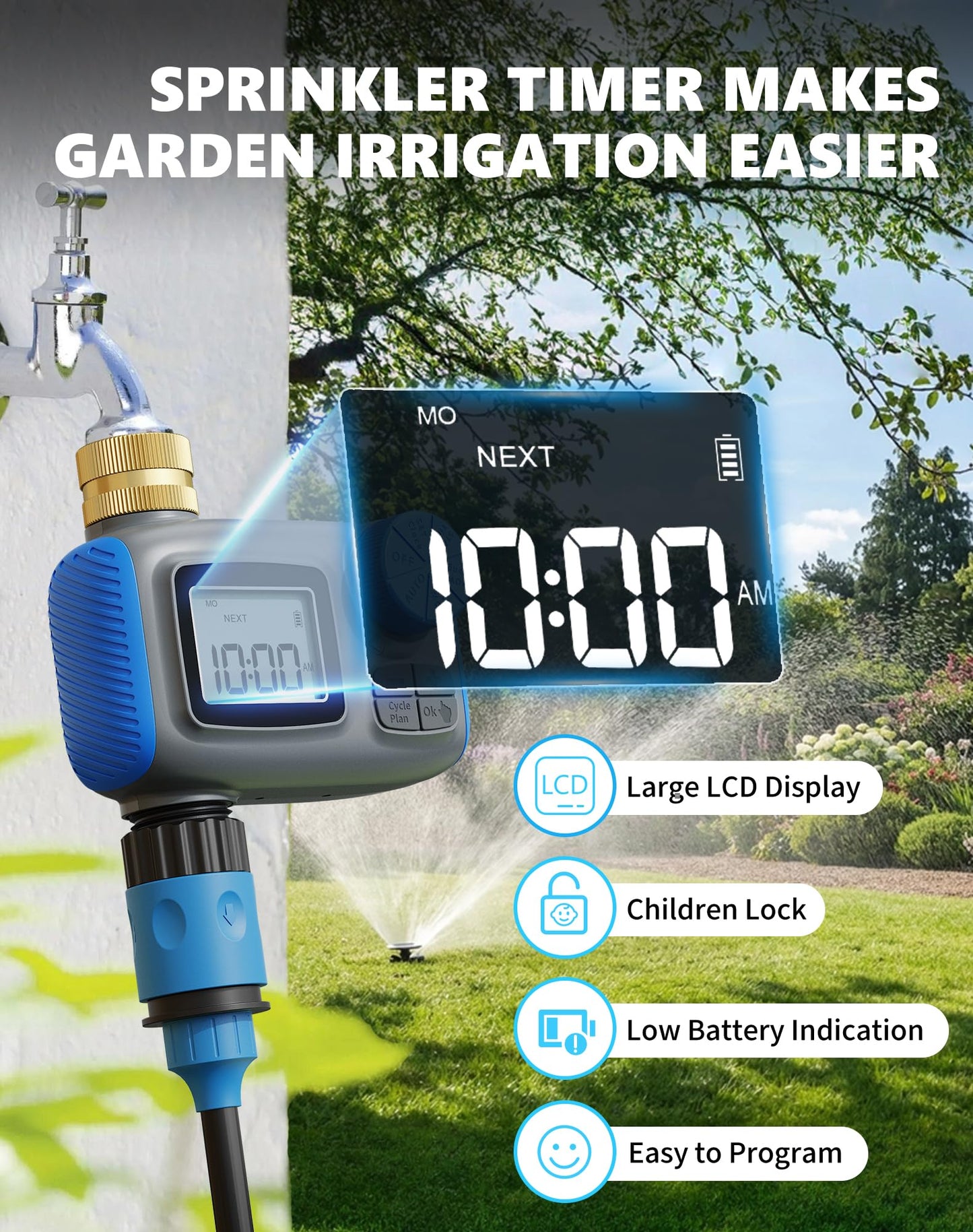 Grillum Sprinkler Timer with Brass Swivel, Hose Timers for Watering, Water Timer for Garden Hose, Digital Irrigation with Rain Delay & Manual Mode, Automatic Watering System for Outdoor Garden Lawn