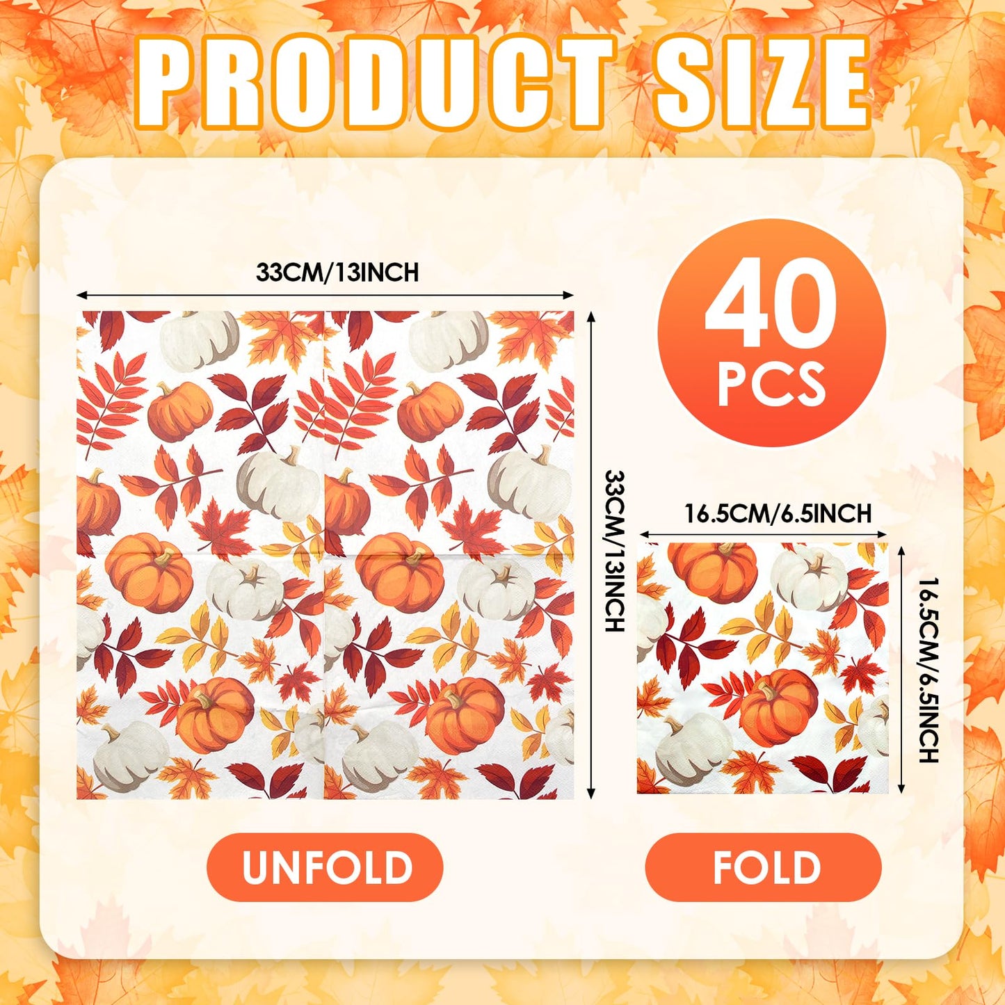 40 Pack Fall Thanksgiving Paper Napkins - 13 x 13 Inches Disposable Pumpkin and Autumn Maple Leaves Pattern Serviettes Tableware Luncheon Cocktail Napkin Party Supplies for Holiday Dinner Decorations