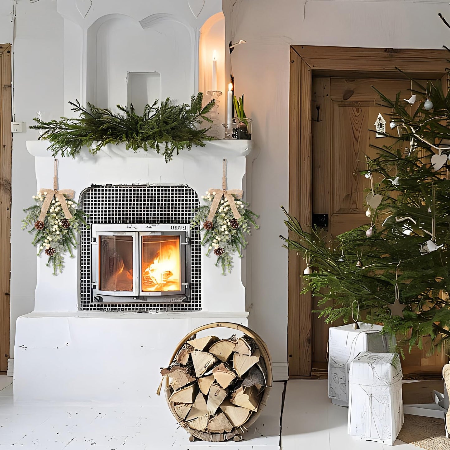 SY Super Bang 2PCS Christmas Decorations, 19Inch Artificial White Berry Front Door/Fireplace Hanging Decorations Include Linen Bow Green Plant, for Home Holiday Wall Party Xmas Decor.
