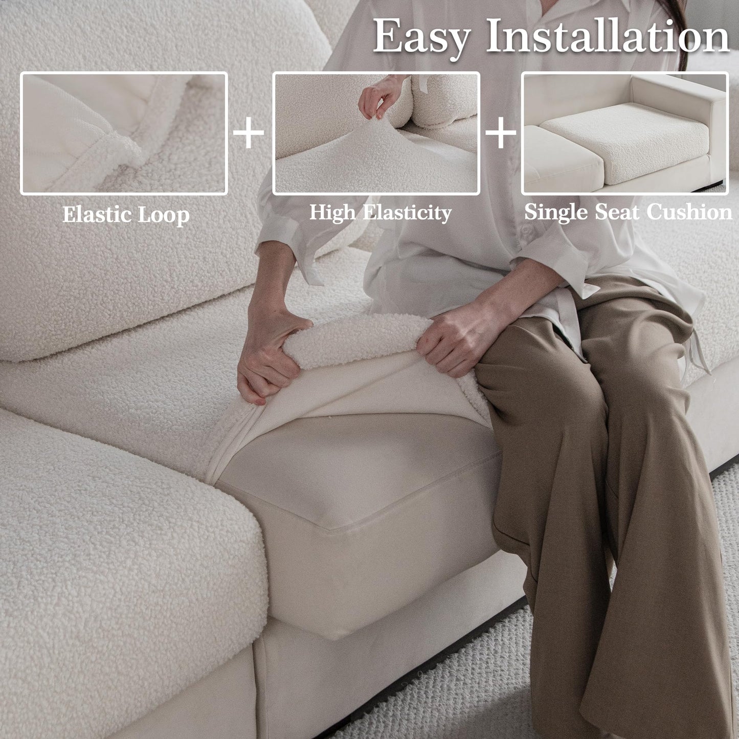 OHSIO Couch Cushion Covers for Sectional Sofa, Stretch Soft Sofa Slipcovers Washable Wear-Resistant Universal Furniture Protector for Living Room(1 Piece Chair Cover, Ivory)