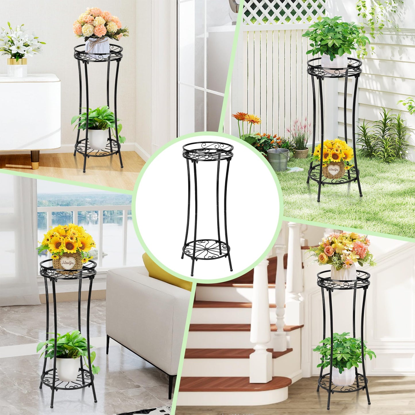 Plant Stand Indoor Outdoor 2 Tier 29" Tall Metal Heavy Duty Rustproof Plant Shelf, Round Multi Tier Flower Pot Holder for Garden Patio Balcony Black set of 2