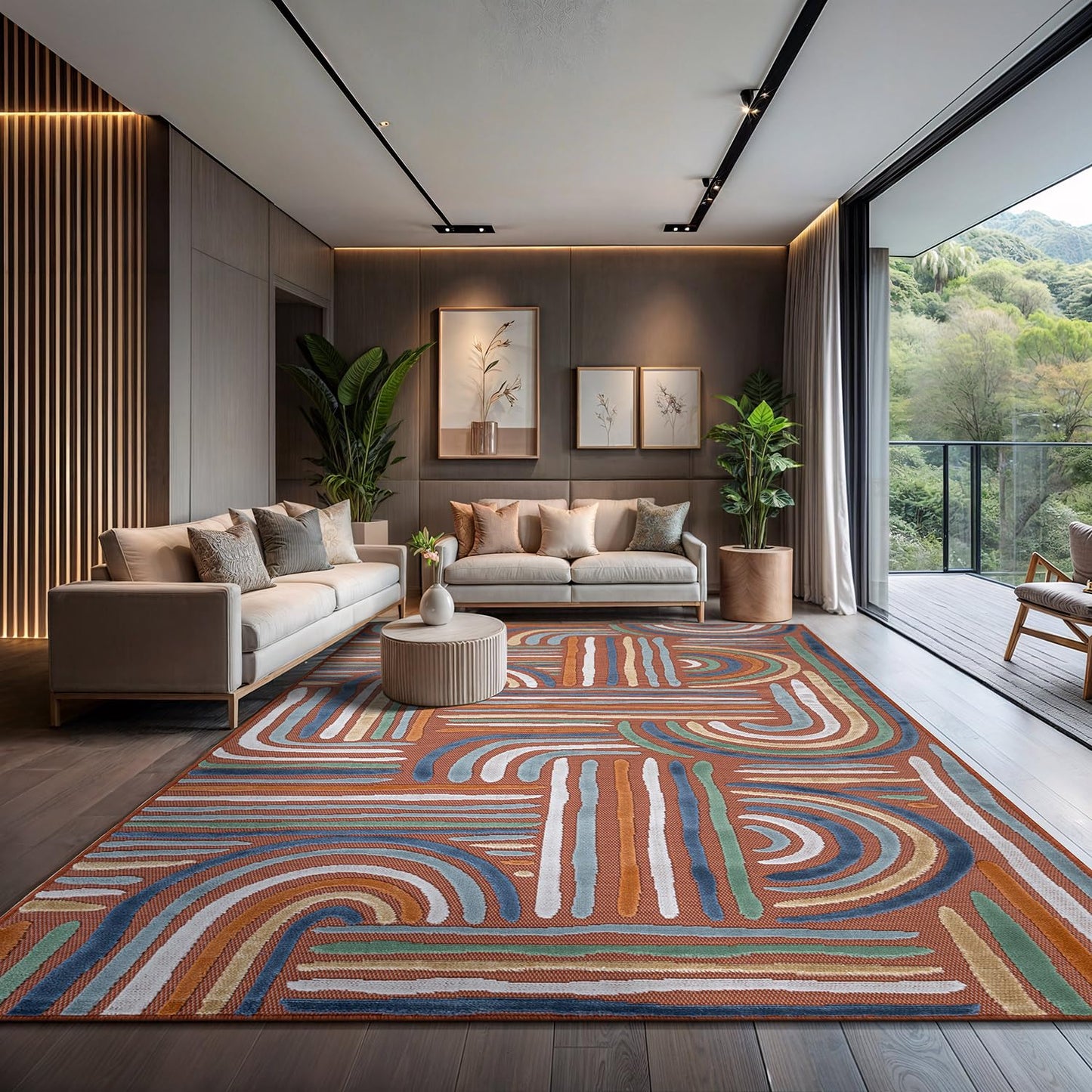 CAMILSON Indoor Outdoor Rug, Orange 8x10 Geometric Arch Striped Area Rugs for Patio and Home Areas, Easy-Cleaning Non-Shedding Living Room, Garden and Deck Washable Outside Carpet (8 x 10)