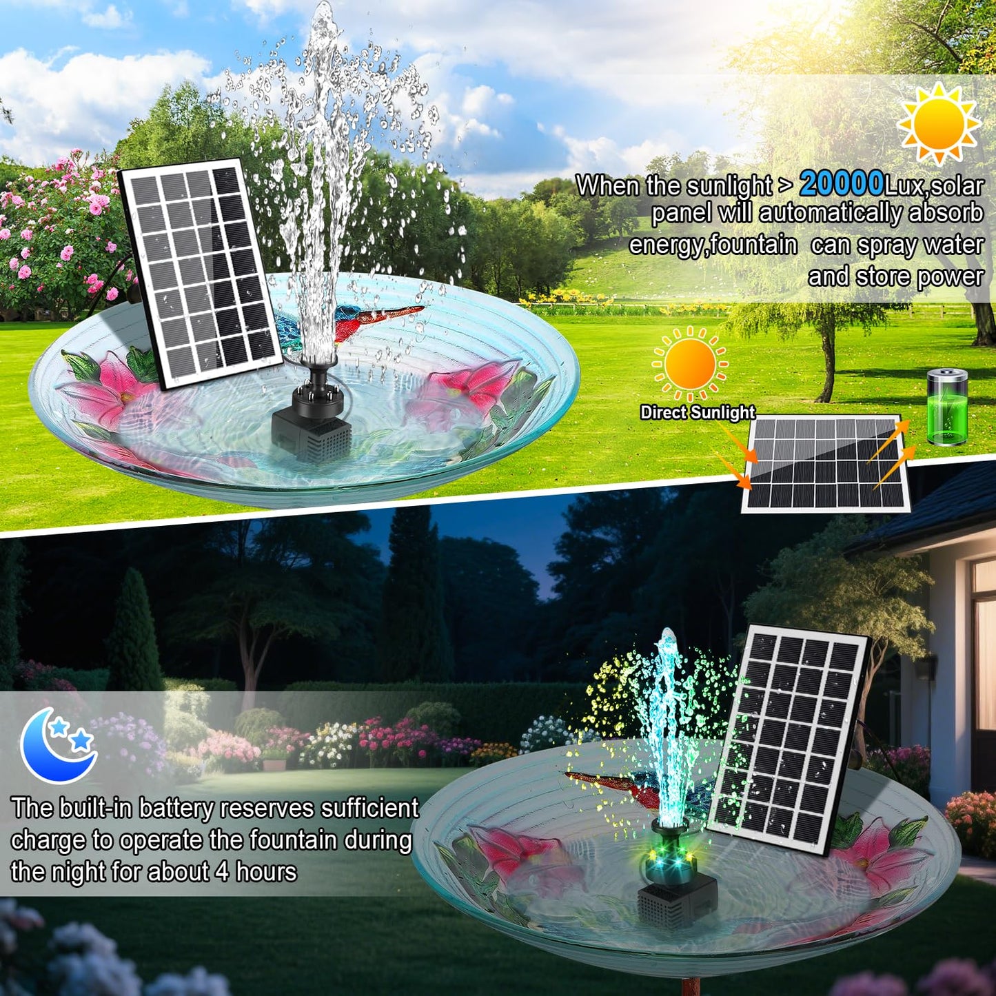 GAIZERL Solar Fountain Pump with Adjust Glass Panel, Upgrade 3.5W Solar Water Pump with Stake, 16.4ft Cable, 2000mAh Battery, Colorful Lights, Solar Powered Fountain Kits for Bird Bath, Hummingbird