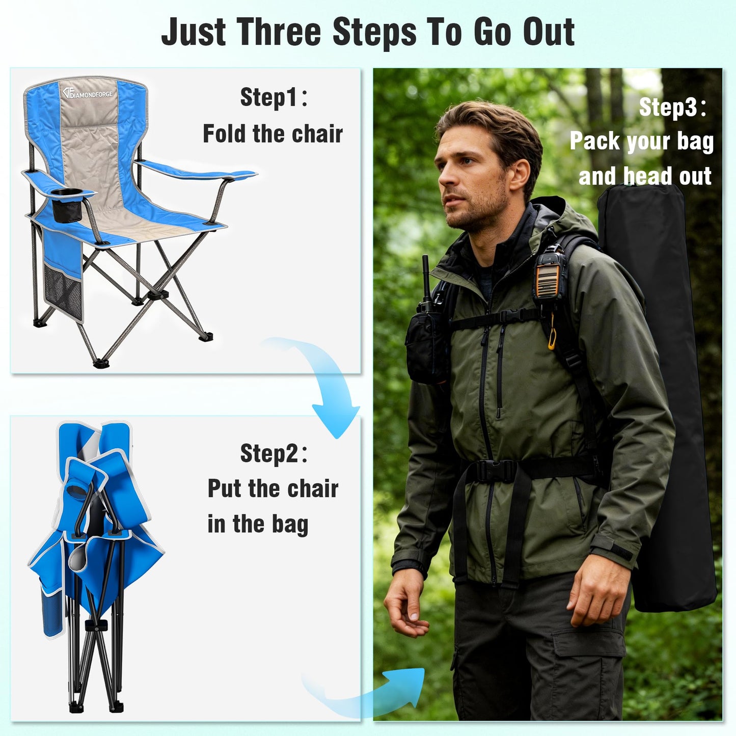 High Back Camping Chair for Adult, Portable Folding Camp Chair, Outdoor Camping Chair with Wide Cup Holder, Side Pocket for Hiking Fishing Sports, (Blue Grey)