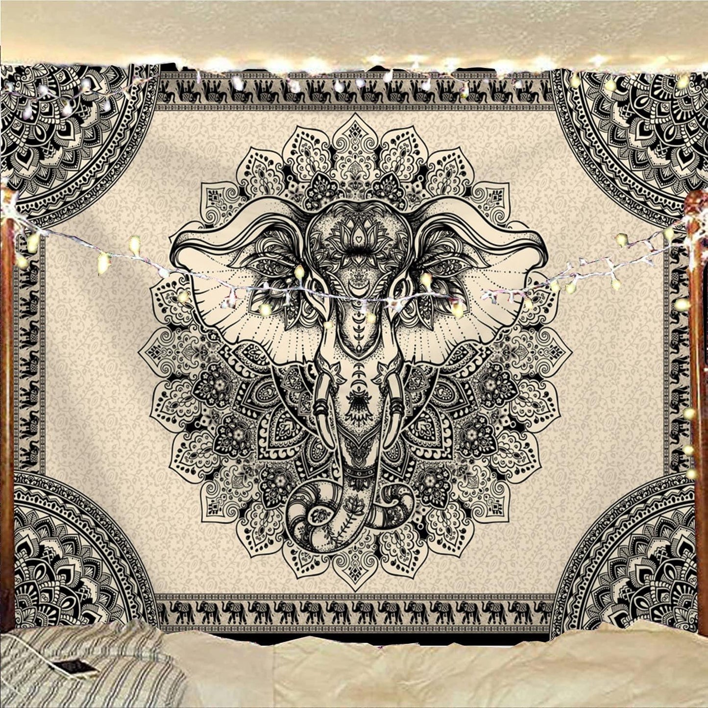 AACKart Mandala Elephant Wall Tapestry, Bohemian Hippie Boho Trippy Indie Aesthetic Home Tapestry, Black Yoga Mystic Vintage Wall Hanging for Bedroom Living Rooms College Dorm Studios-59x51 Inches