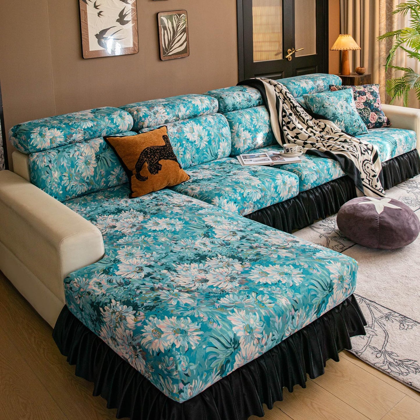 VOGOL Individual Cushion Cover for Sofa, Blue Oil Painting Flower Stretch Slipcover, Buy by Piece to Avoid Size Error, 25" x 25", 1 Piece