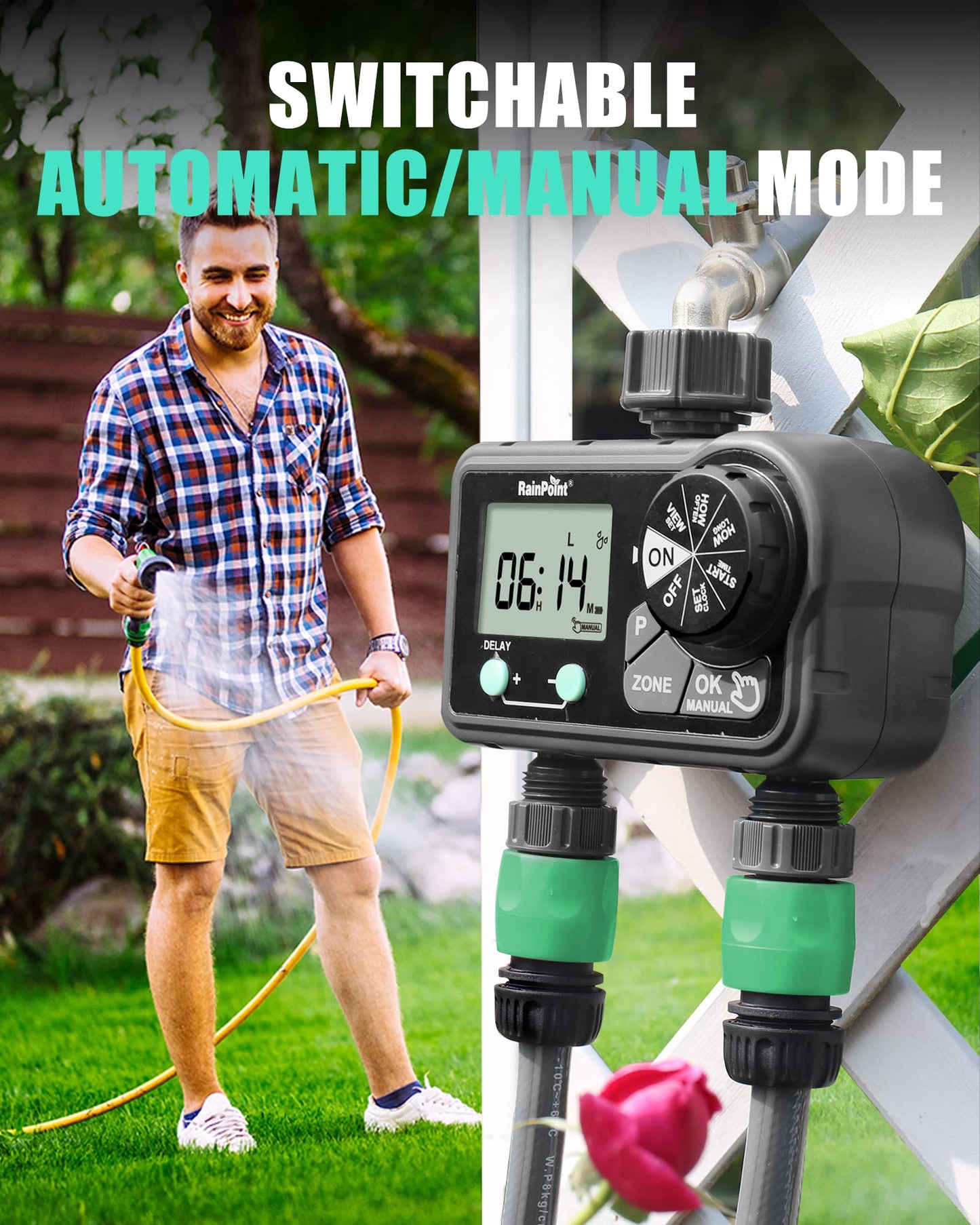 RAINPOINT Sprinkler Timer with 3 Different Programs, Hose Timer for Garden Hose with Rain Delay/Manual Watering/Automatic Irrigation System for Garden, 2 Outlet