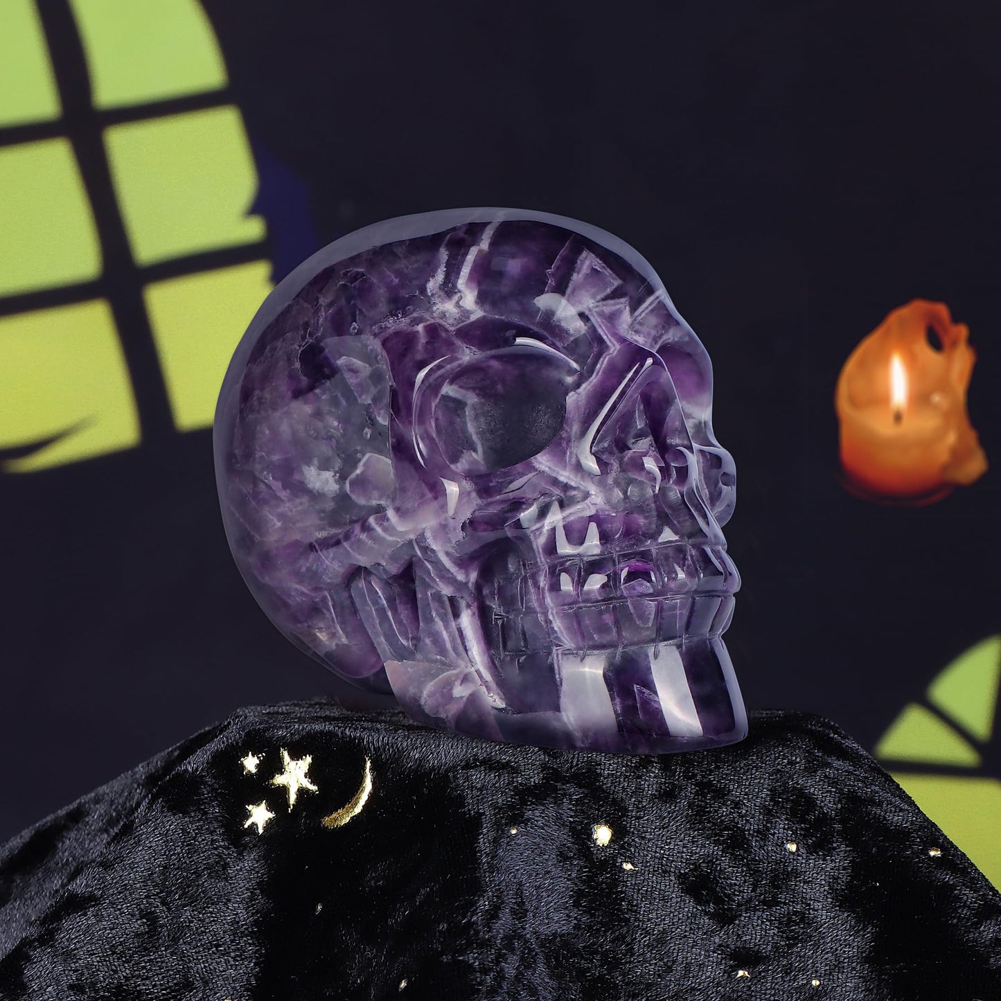 LEADGEM Amethyst Crystal Skull Head Figurine Hand Carved Large Quartz Gemstone Skull Statue Sculpture Decor for Day of The Dead Halloween(3 Inches)