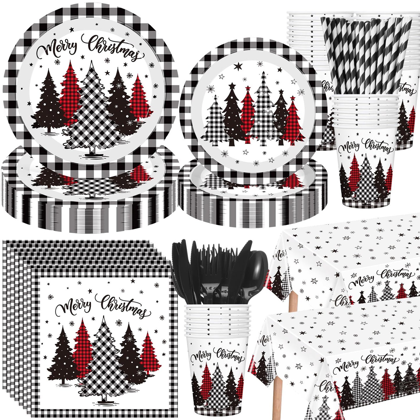 Funnymoom 452 Pcs Christmas Tree Party Supplies for 50, Black Buffalo Plaid Gingham Christmas Paper Plates Napkins Cups Tablecloth Cutlery Straws Tableware Set for Xmas Holiday Party Decorations