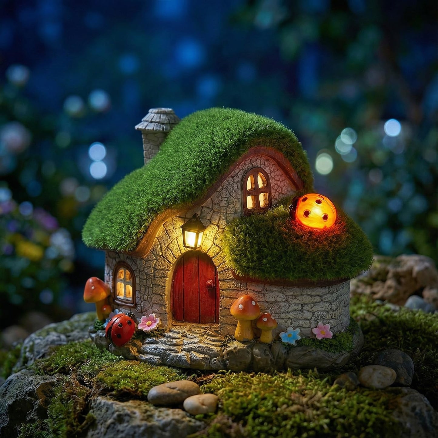 Solar Fairy Garden House Accessories, Outdoor Garden Statues with Ladybug Lights & Mushroom Gardening Gifts for Women, House Sculpture Figurine Outside Garden Decorations for Yard Patio Lawn Decor