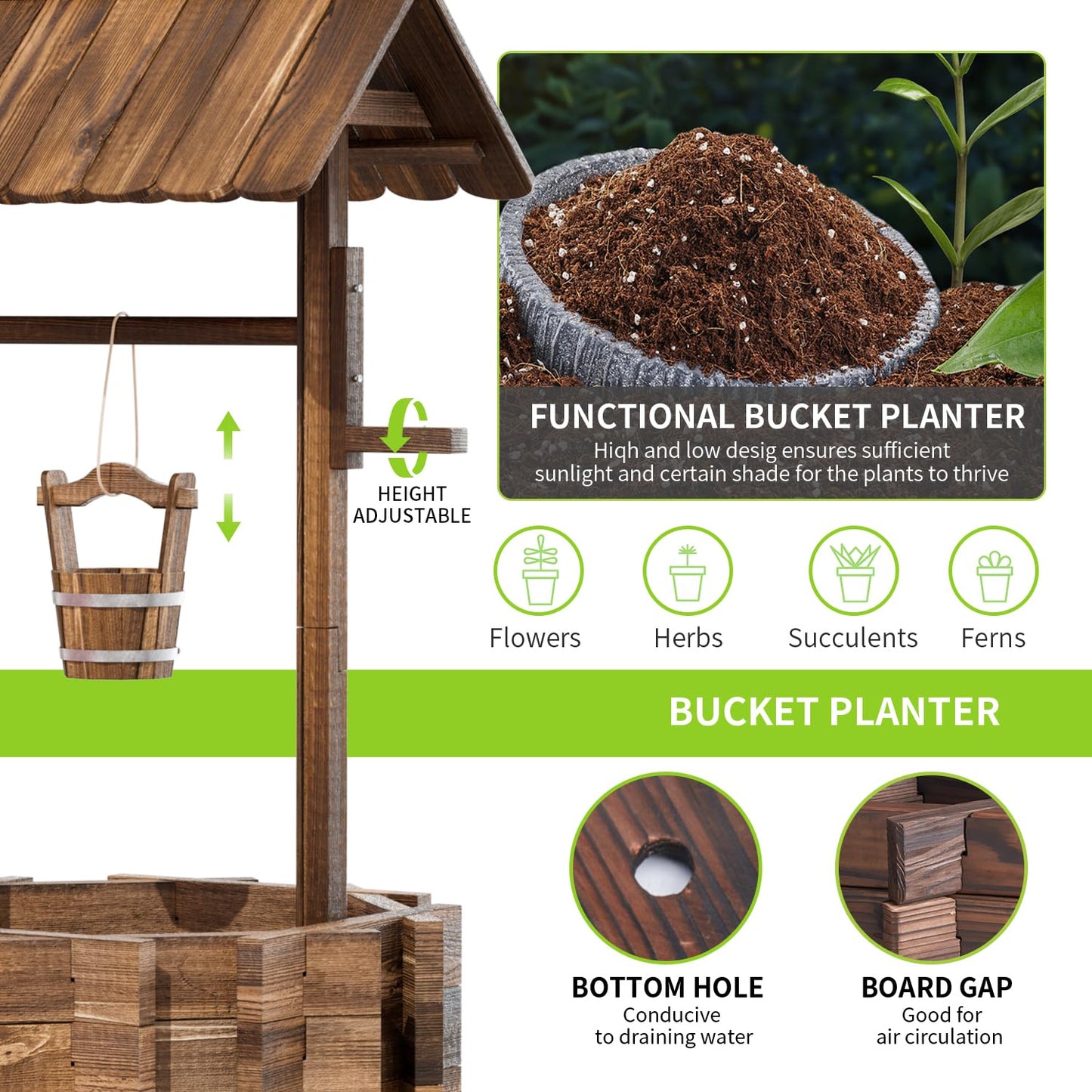 Aoxun Wooden Wishing Well Planters with Hanging Bucket, Garden Helper, Rustic Garden Decor for Outside, Yard, and Patio, Upgrade Reinforced Base, Brown