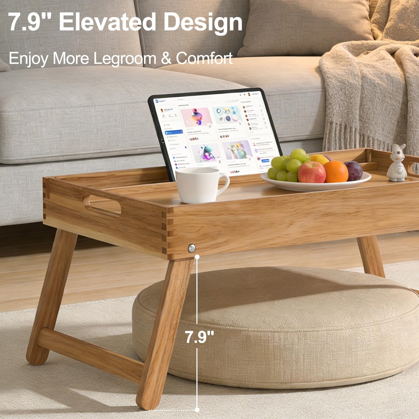 22"x14" Acacia Wood Folding Bed Tray Table, Extra Large Breakfast in Bed Tray with Raised 7.9" Leg Space, Foldable Legs, Tablet & Phone Slots, Cable Grooves, Food Tray for Bed