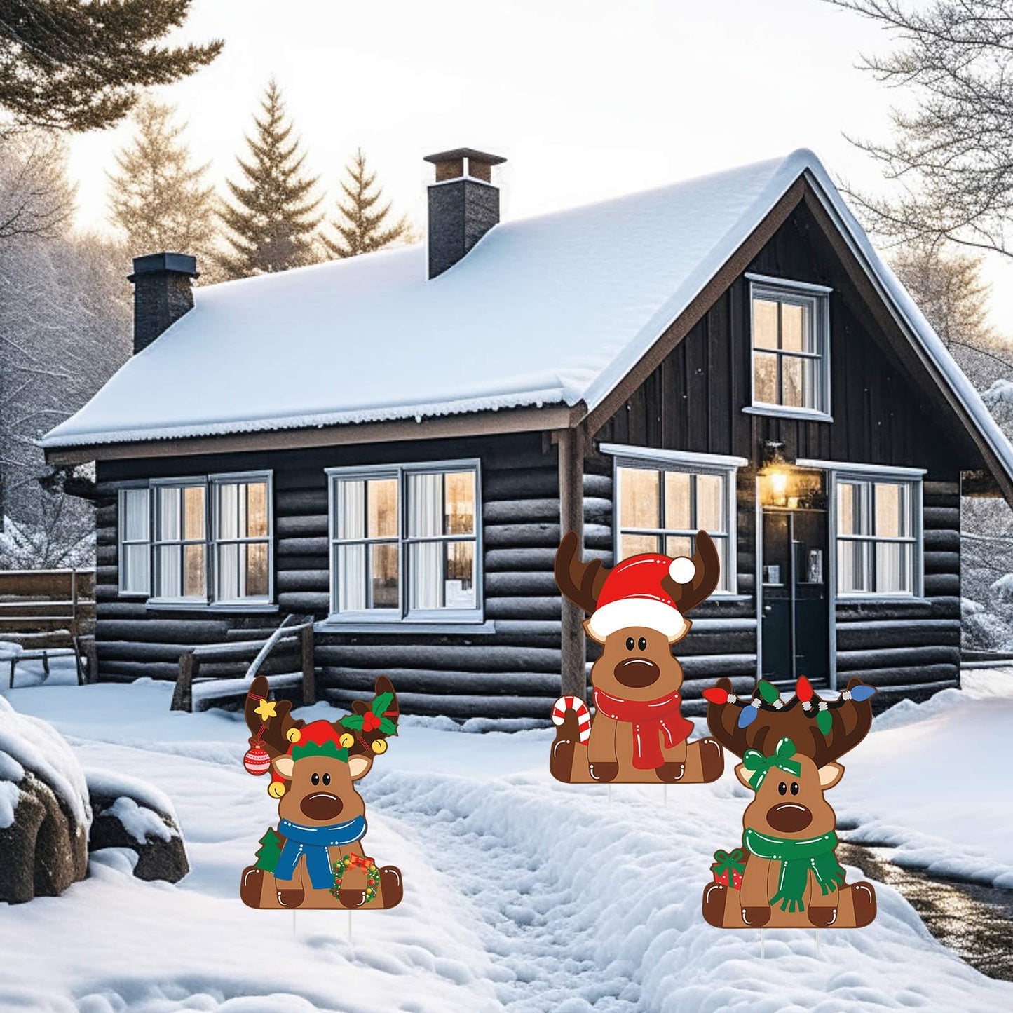 Weysat 3 Pcs Reindeer Christmas Yard Signs with Stakes Waterproof Elk Decoration Outdoor Xmas Reindeer Yard Stakes Lawn Signs for Christmas Holiday Pathway Garden Patio Party Favors (Regular)