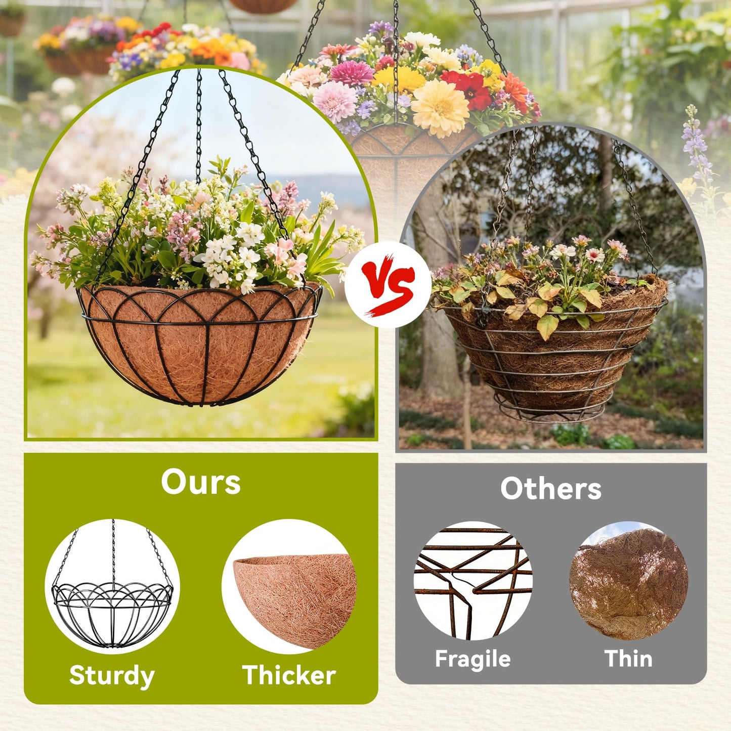 Halatool 2 Pack 14 Inch Hanging Baskets for Plants Outdoor- Small Hanging Garden Planters with Coco Liner for Outside, Empty Metal Wire Flower Holder Hanger Pot for Wall Patio Porch Balcony Decoration