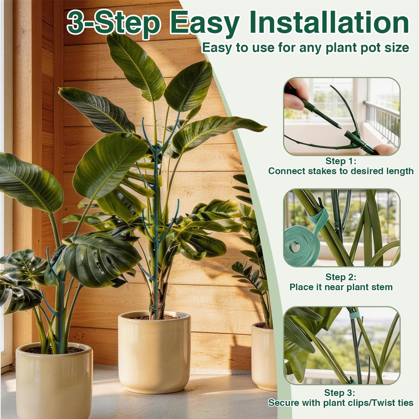 10 Pack Stackable Plant Support Stakes, 75inch Climbing Plant Sticks Structures for Monstera with Garden Ties, Durable Alternative to Moss Pole for Indoor Outdoor Plants