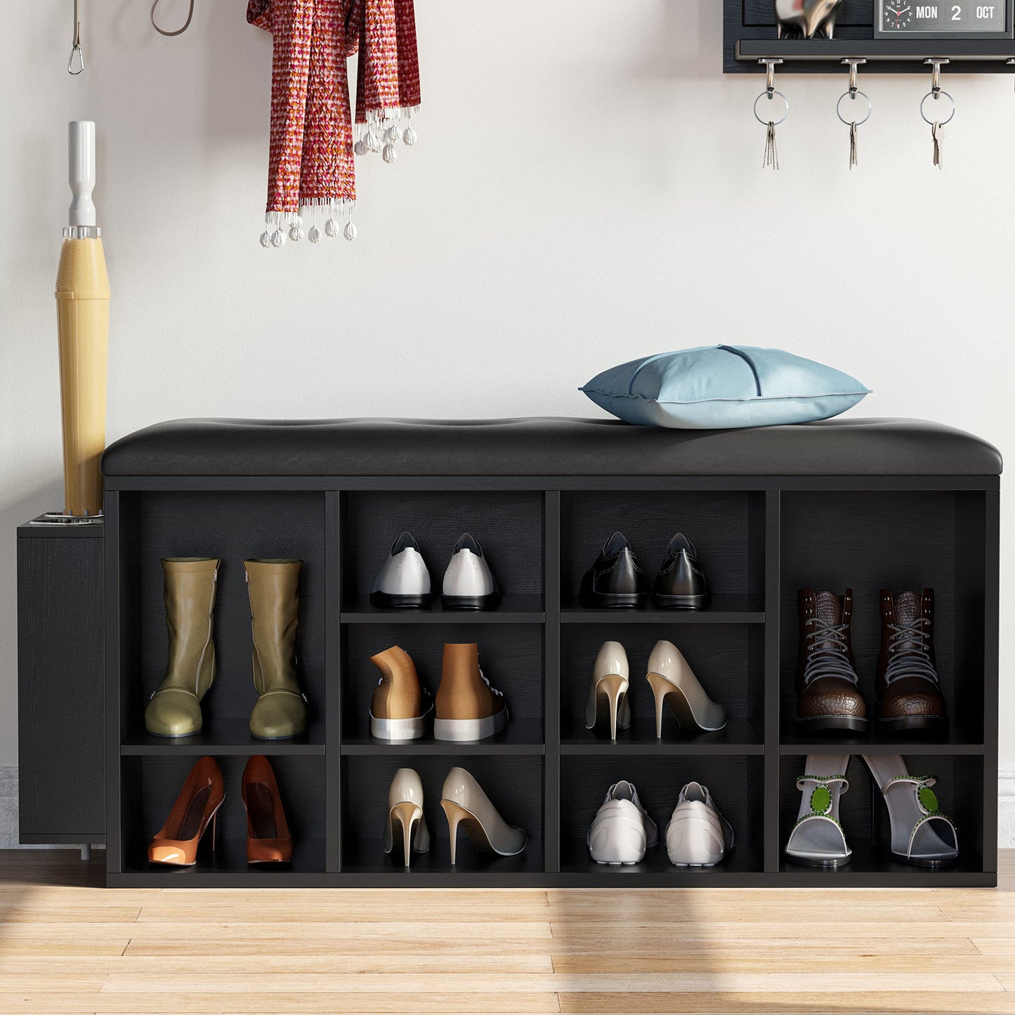 IRONCK Shoe Bench, Ten Cubbies Storage Entryway Bench with PU Leather, Cubby Shoe Rack Organizer with Adjustable Shelves for Living Room, Bedroom, Black