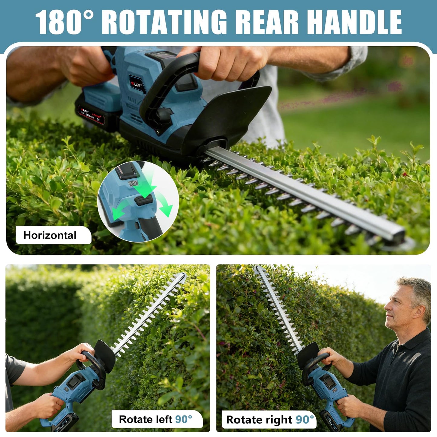 22'' Hedge Trimmer Cordless, Electric Handheld Bush Clipper with 180° Rotatable Handle, LCD Display, Brushless Motor, Battery Powered Bush Trimmer for Yard, Garden, 2 * 2.0 Batteries & Charger, Blue