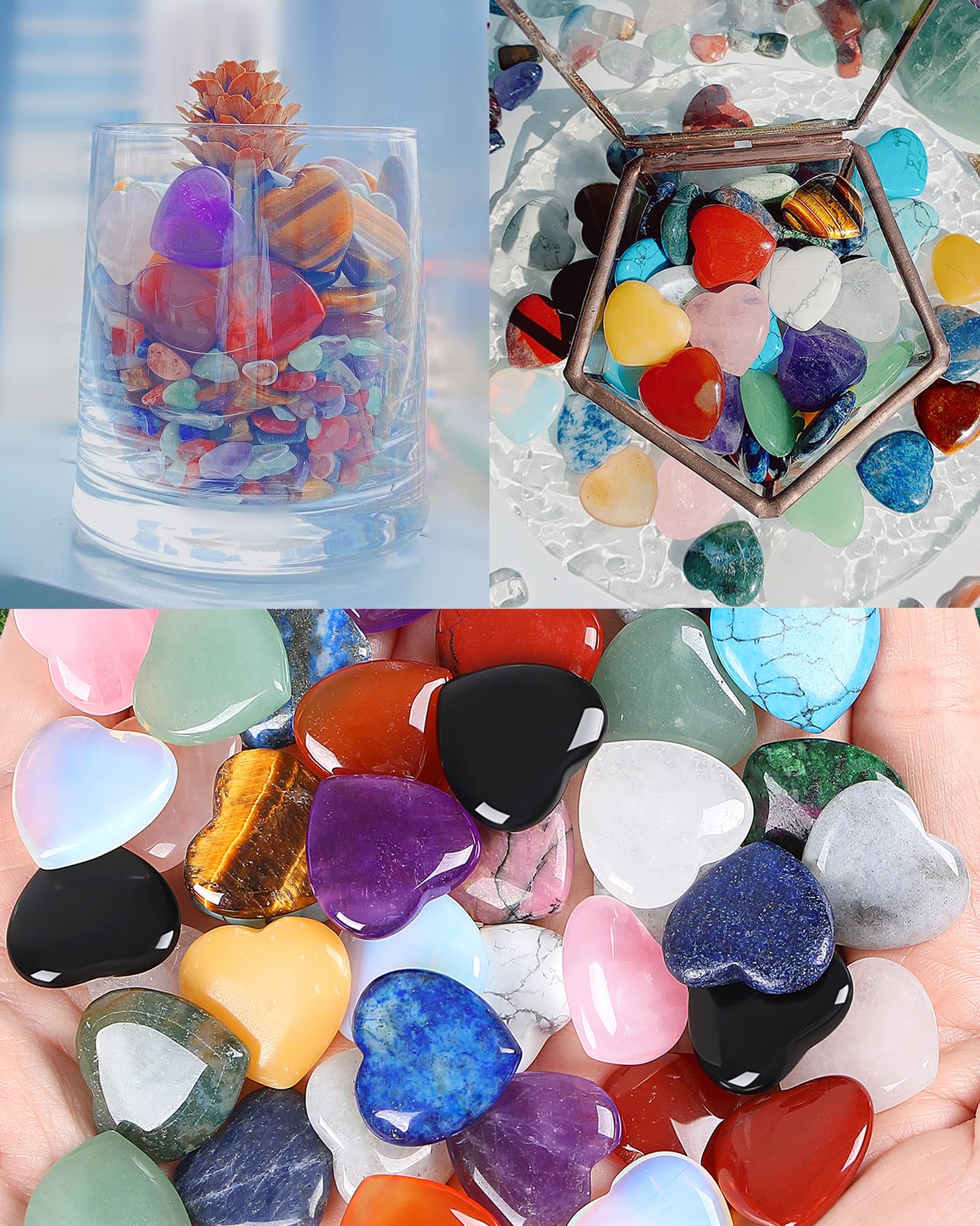 QINJIEJIE 10PCS Crystals Heart Healing Stones Rose Quartz Amethyst Polished Love Stone Palm Natural Gemstones Set Wholesale Reiki Balancing Meditation 0.8" Crystal Gifts for Women