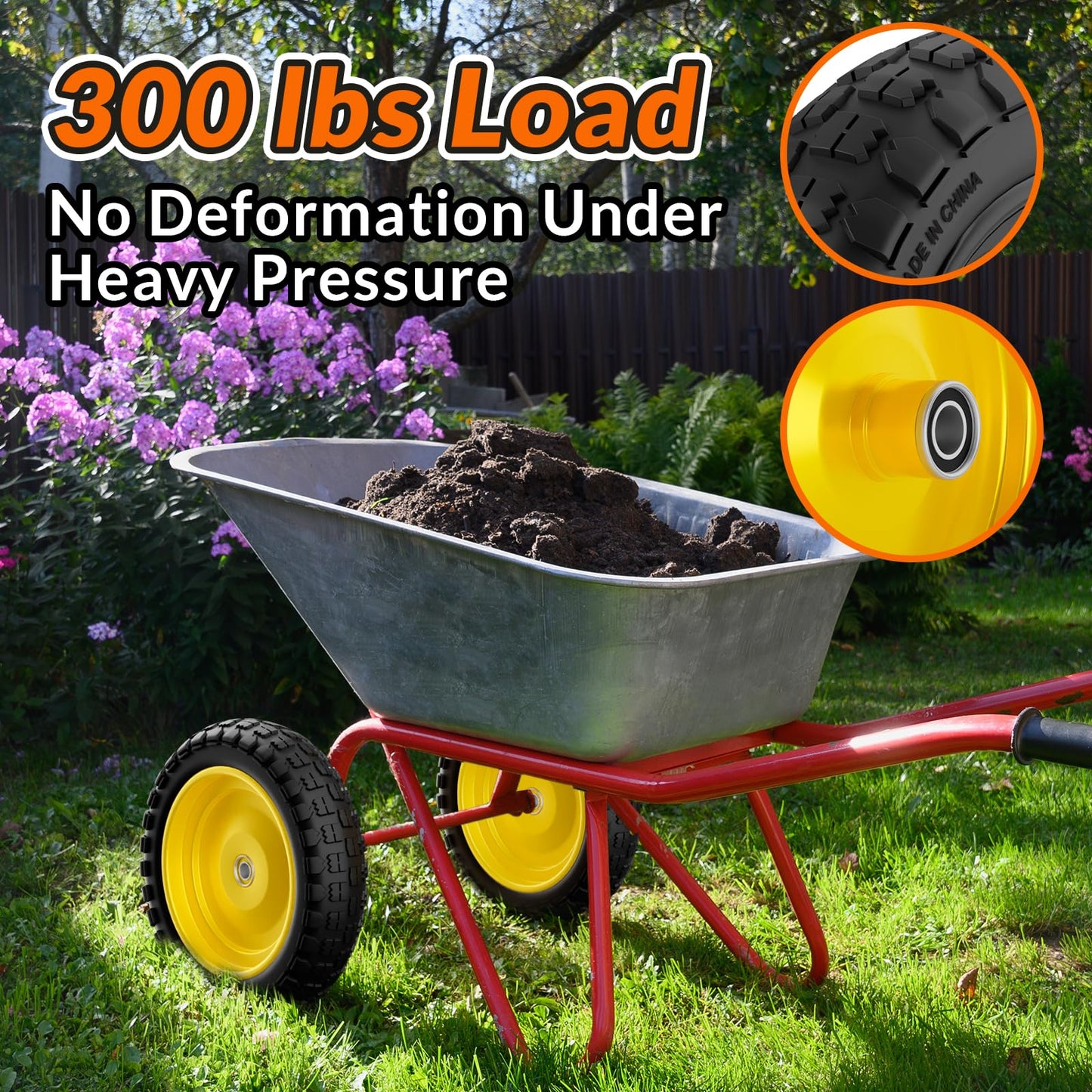 RONPOW 4.00-6 Flat Free Tire and Wheel, 13 Inch Solid Garden Wheelbarrow Tires, 300Lbs with 5/8" & 3/4" Axle Hole, 1"-3.5" Hub for Garden Cart, Wheelbarrow, Hand Truck, for Home Farm, 2Pcs Yellow