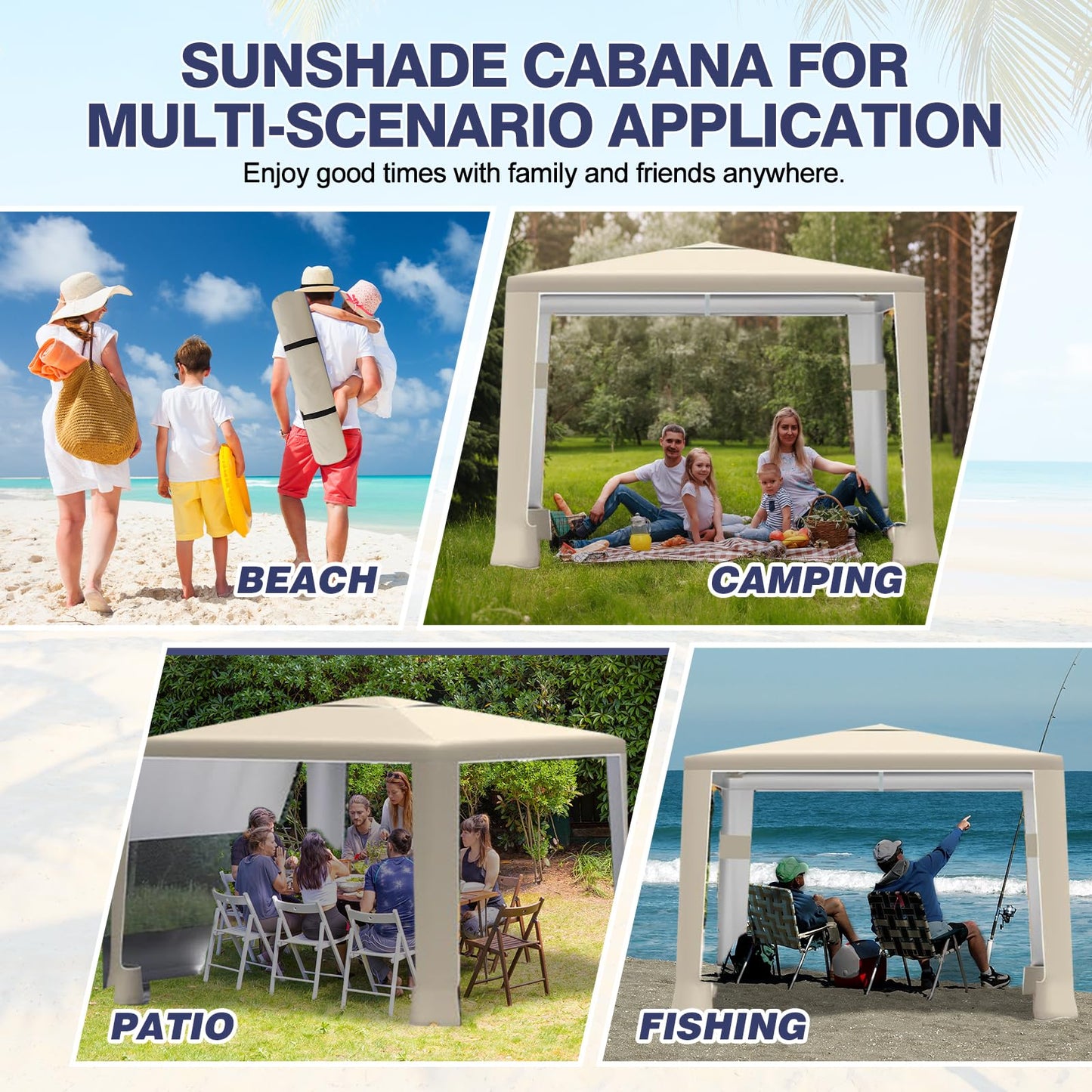 cepkquis Beach Tent,8'×8' Large Beach Canopy for 4-6 People,Easy Setup Beach Sun Shelter with UPF 50+ Protection,Adjustable Height & Wind Resistant Beach Cabana for Family,Party (Khaki - Solid)