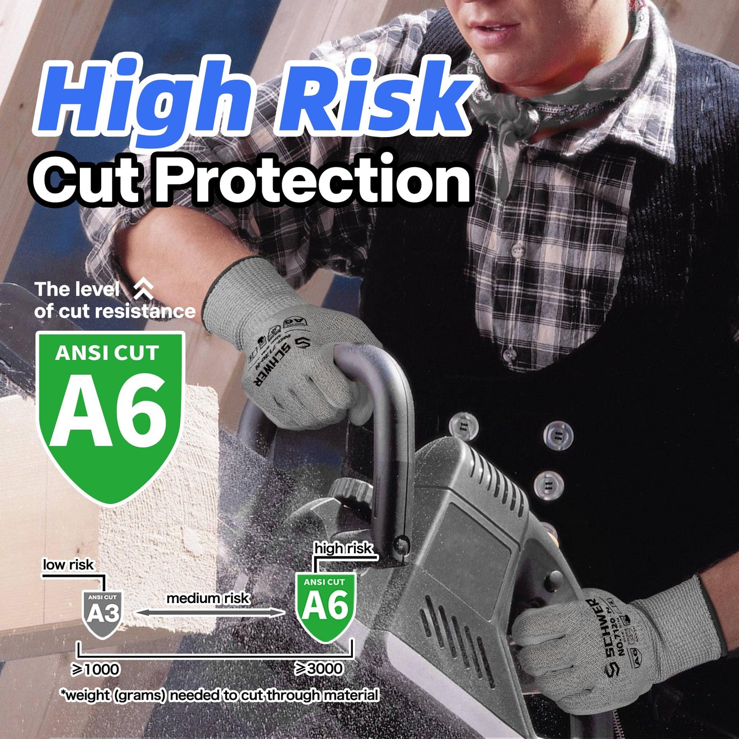Schwer 6 Pairs Cut Resistant Gloves ANSI A6/A7 (Send Randomly) CR7120 Cut Proof Work Gloves, Touchscreen, for Men and Women Used for Woodworking, Glass Cutting, Construction, Cargo Handling, M